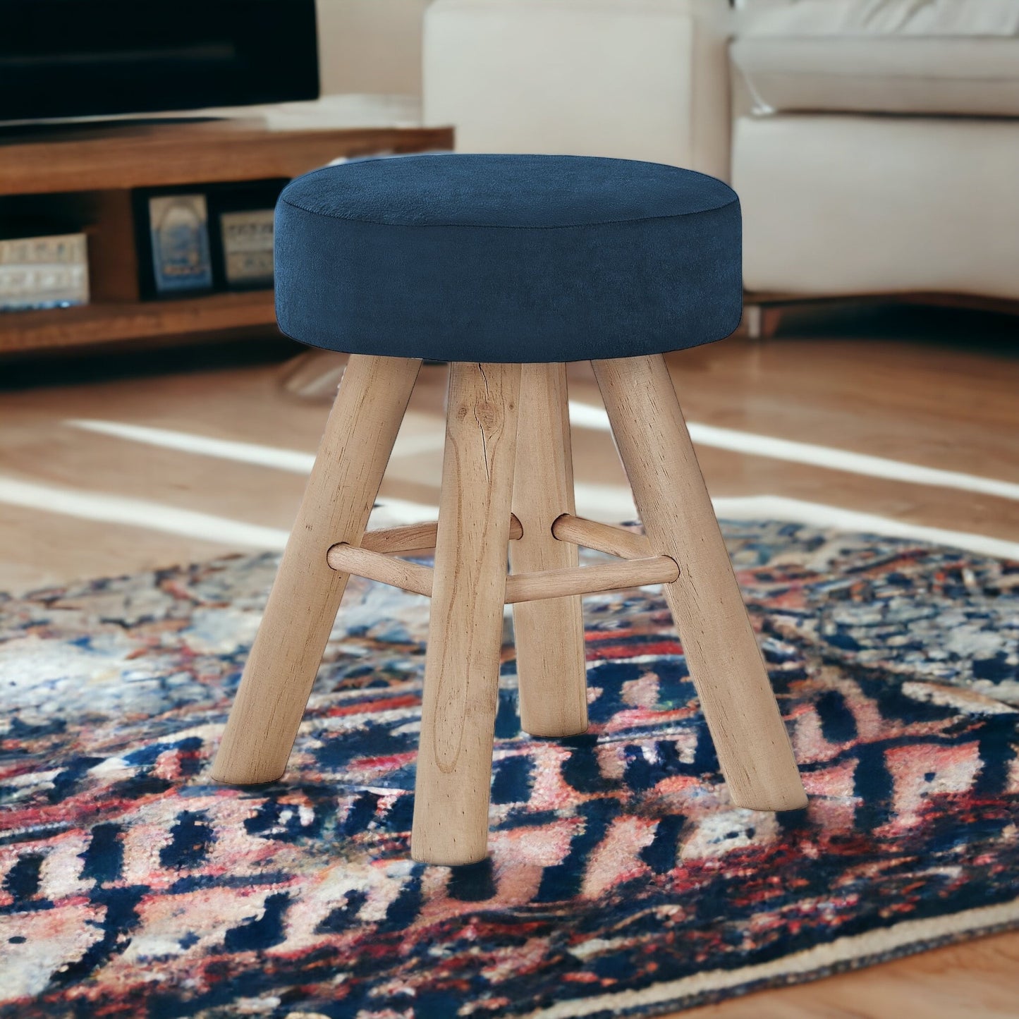 12" Blue Velvet And Natural Round Ottoman