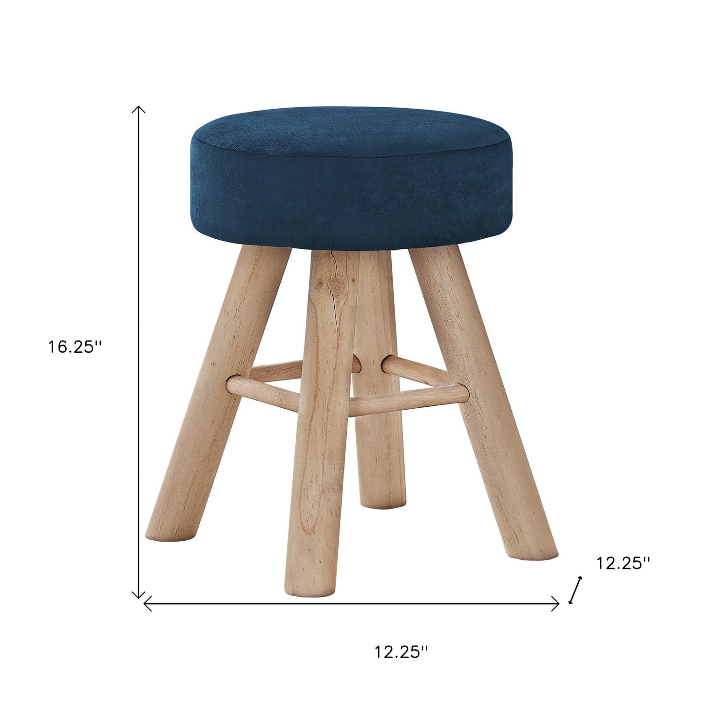 12" Blue Velvet And Natural Round Ottoman