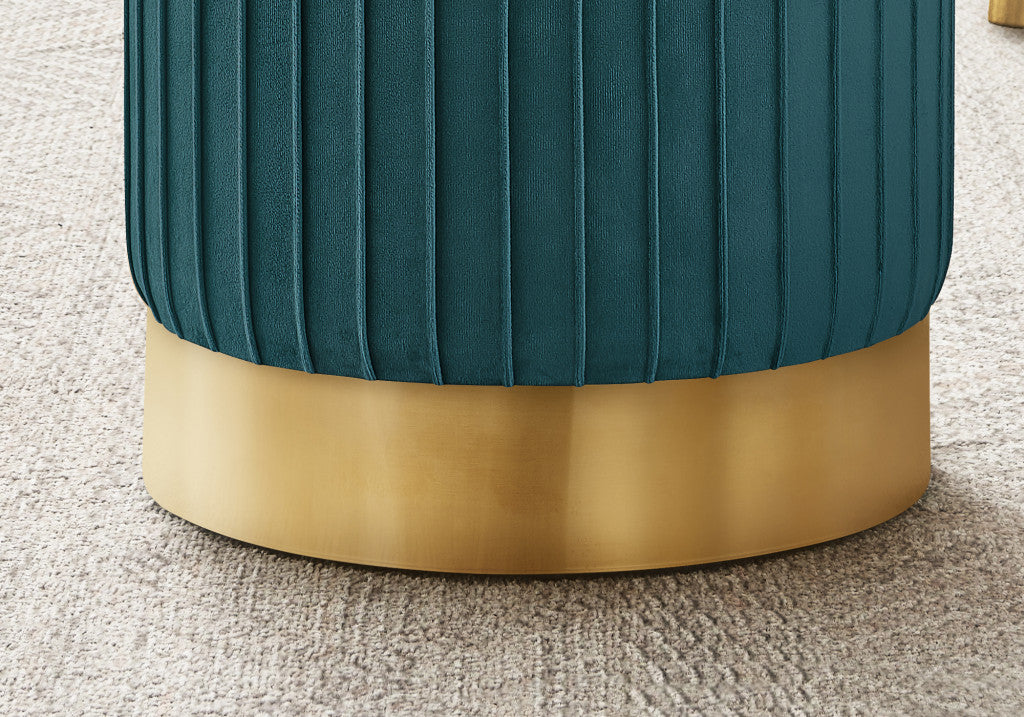 14" Teal Blue Velvet And Gold Round Ottoman