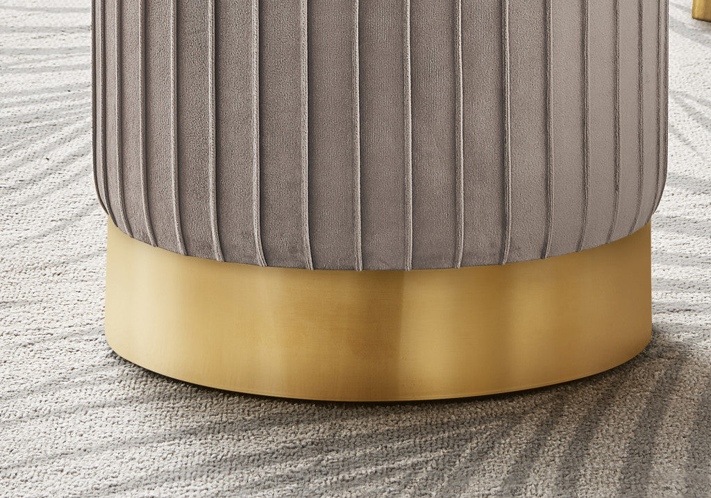 14" Brown Velvet And Gold Round Ottoman