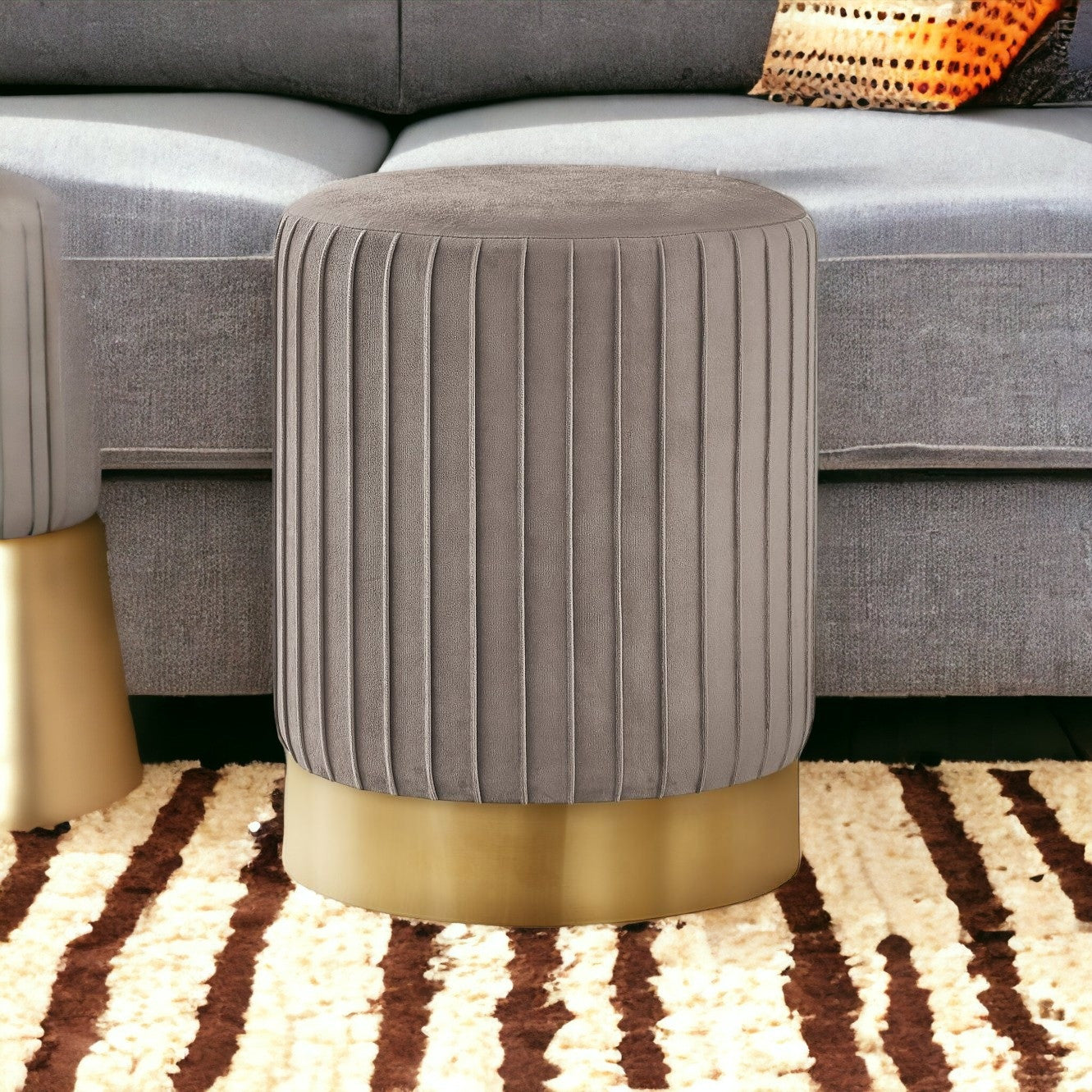 14" Brown Velvet And Gold Round Ottoman