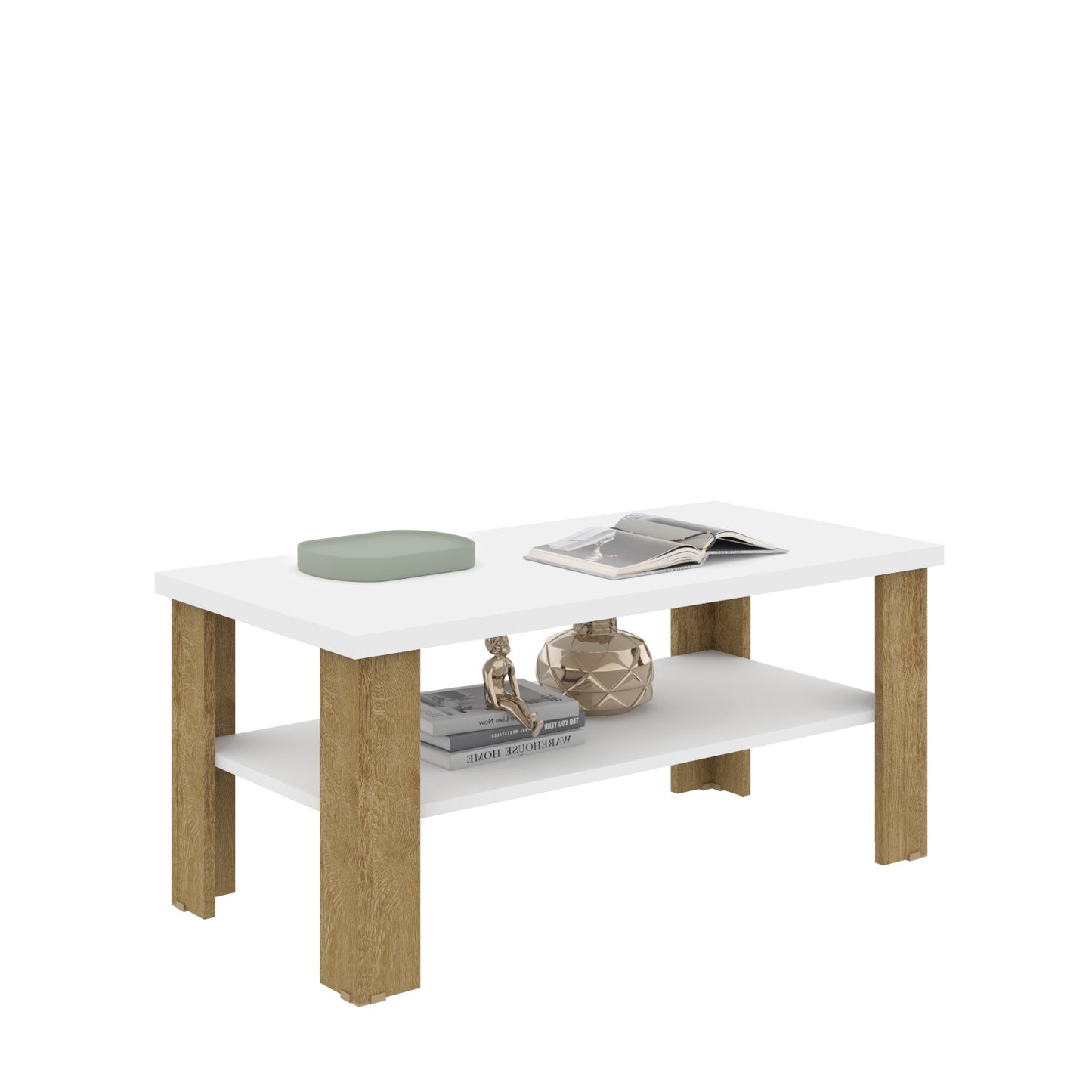 35" White Natural Rectangular Coffee Table With Shelf