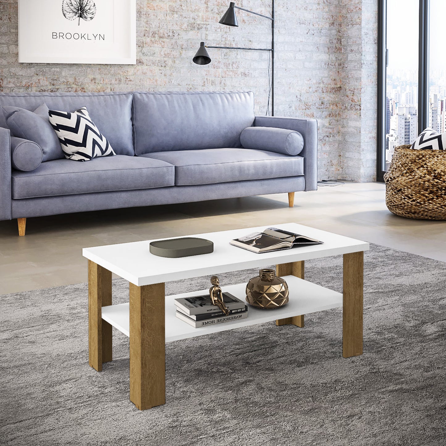 35" White Natural Rectangular Coffee Table With Shelf