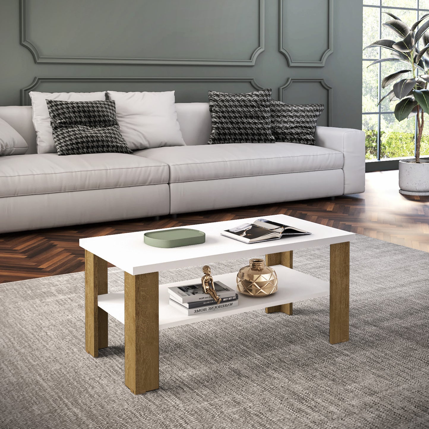 35" White Natural Rectangular Coffee Table With Shelf
