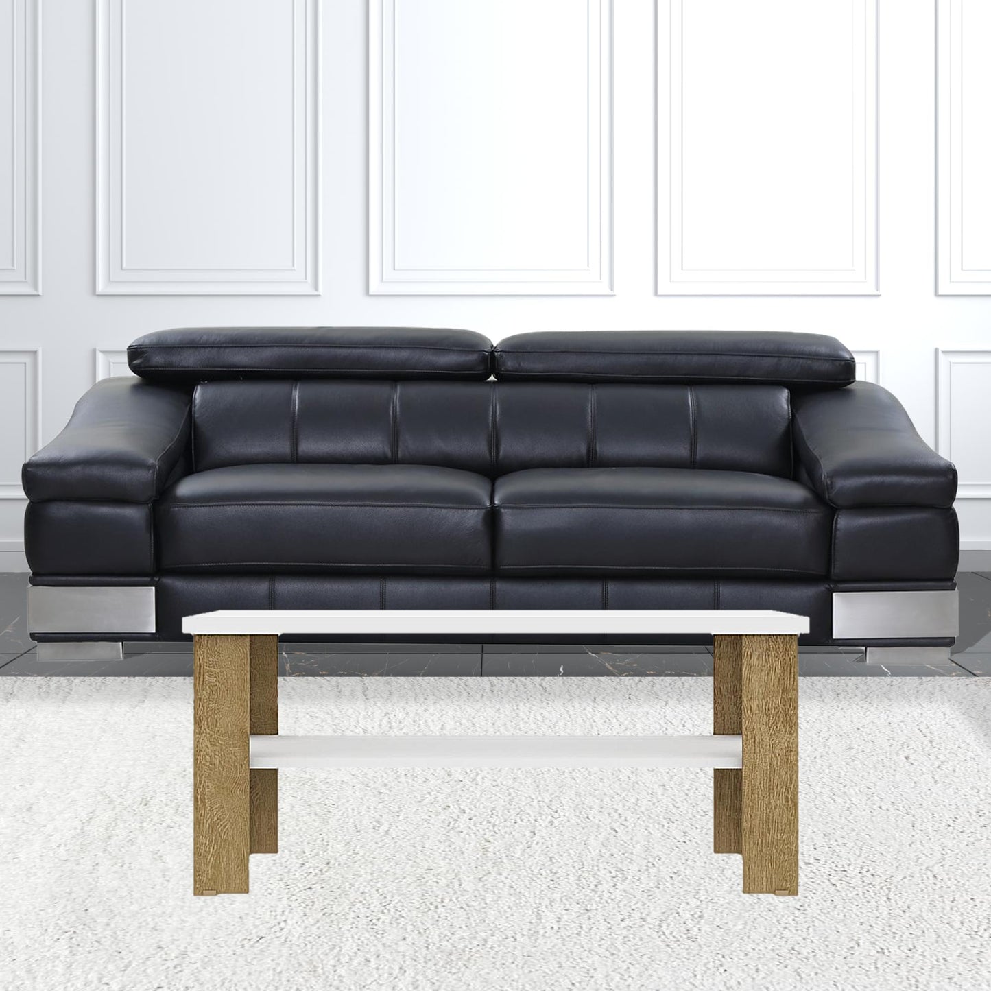 35" White Natural Rectangular Coffee Table With Shelf