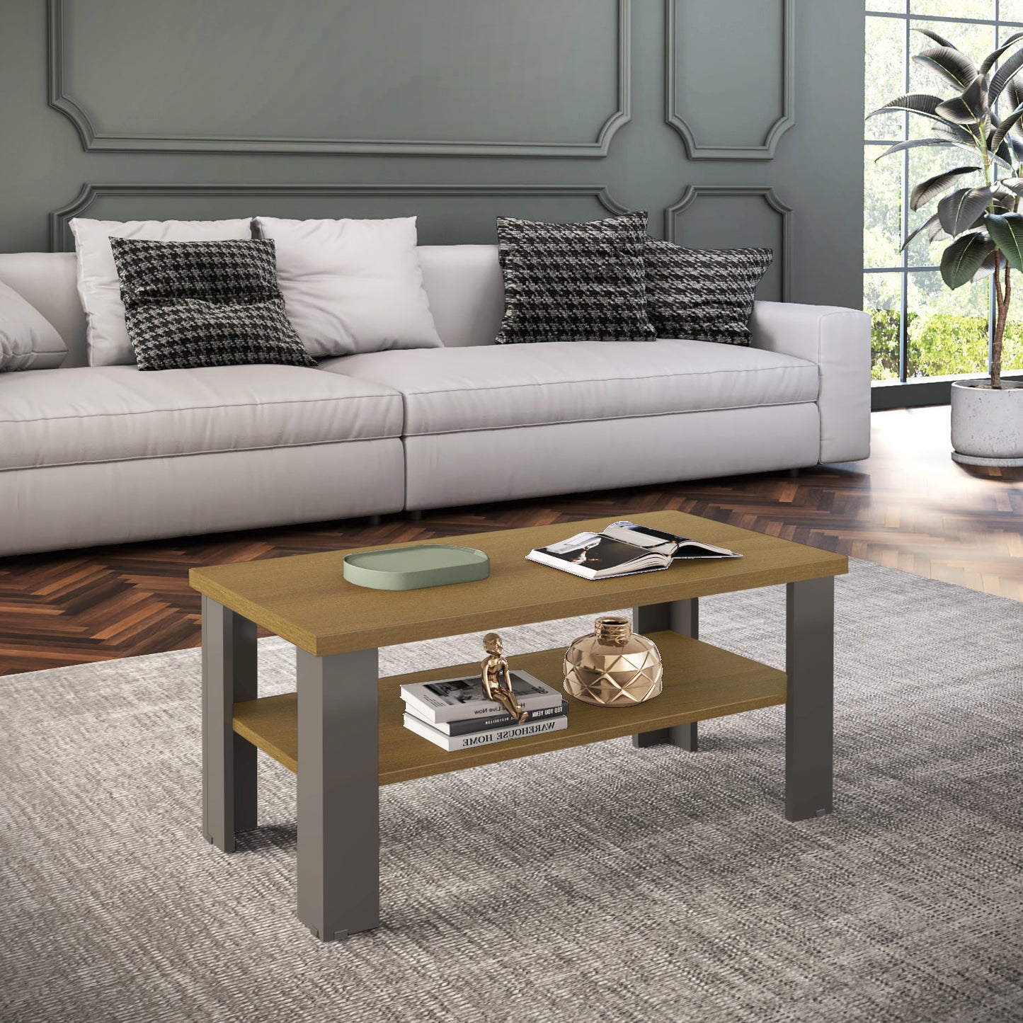 35" Natural Brown Rectangular Coffee Table With Shelf