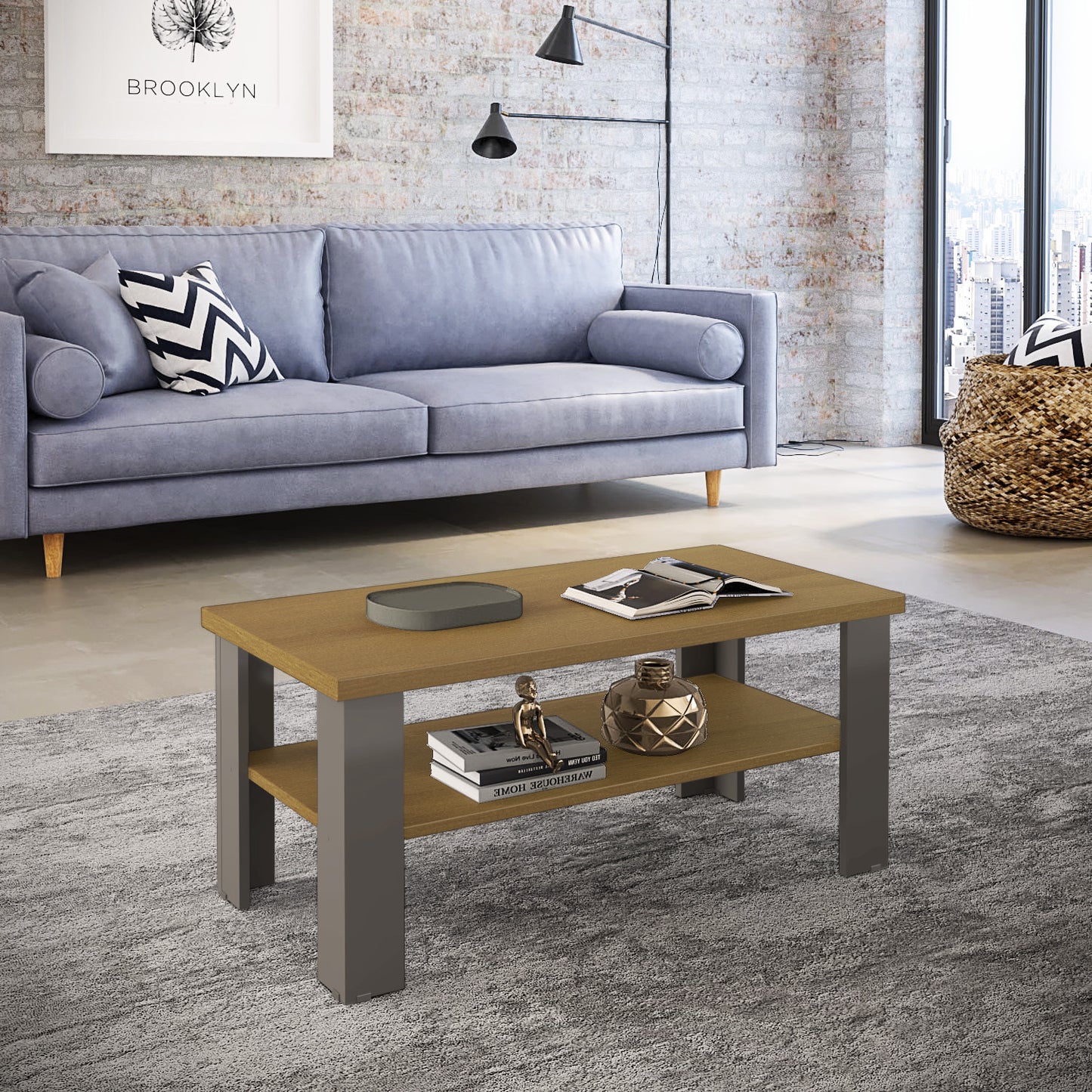 35" Natural Brown Rectangular Coffee Table With Shelf