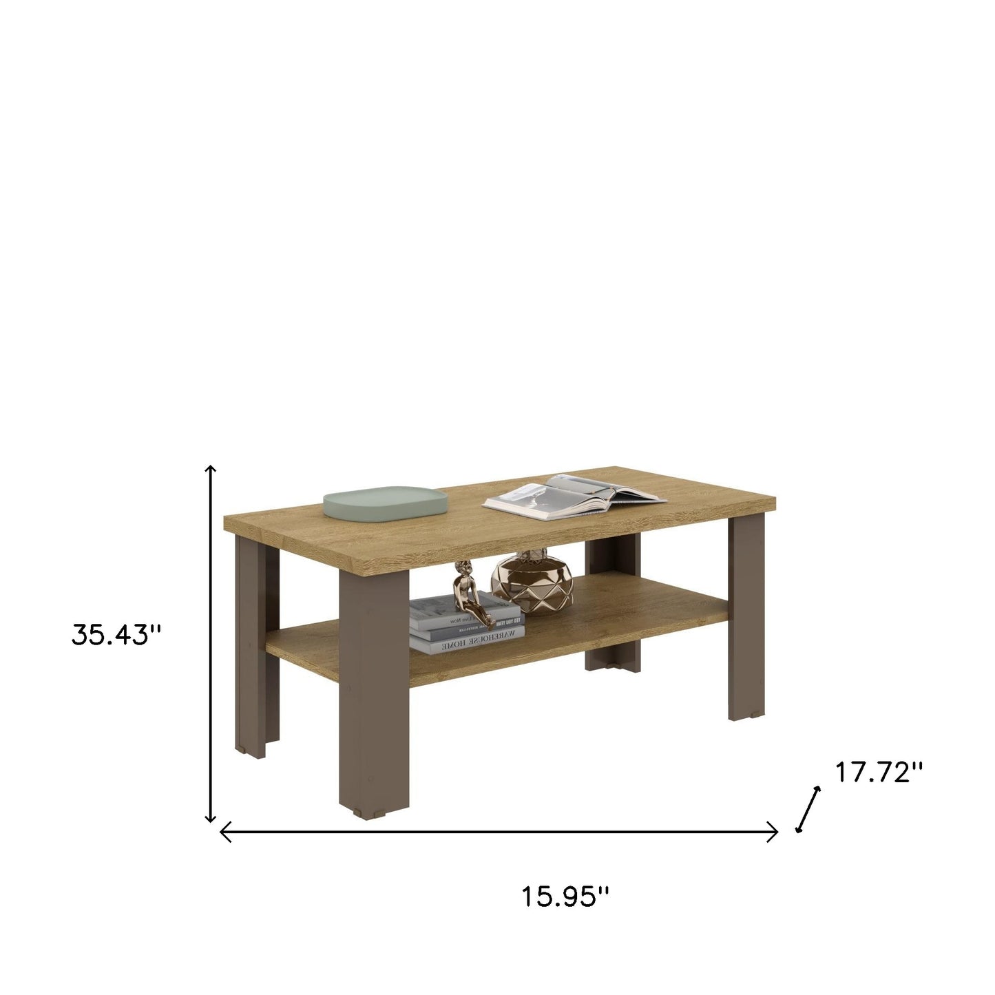 35" Natural Brown Rectangular Coffee Table With Shelf