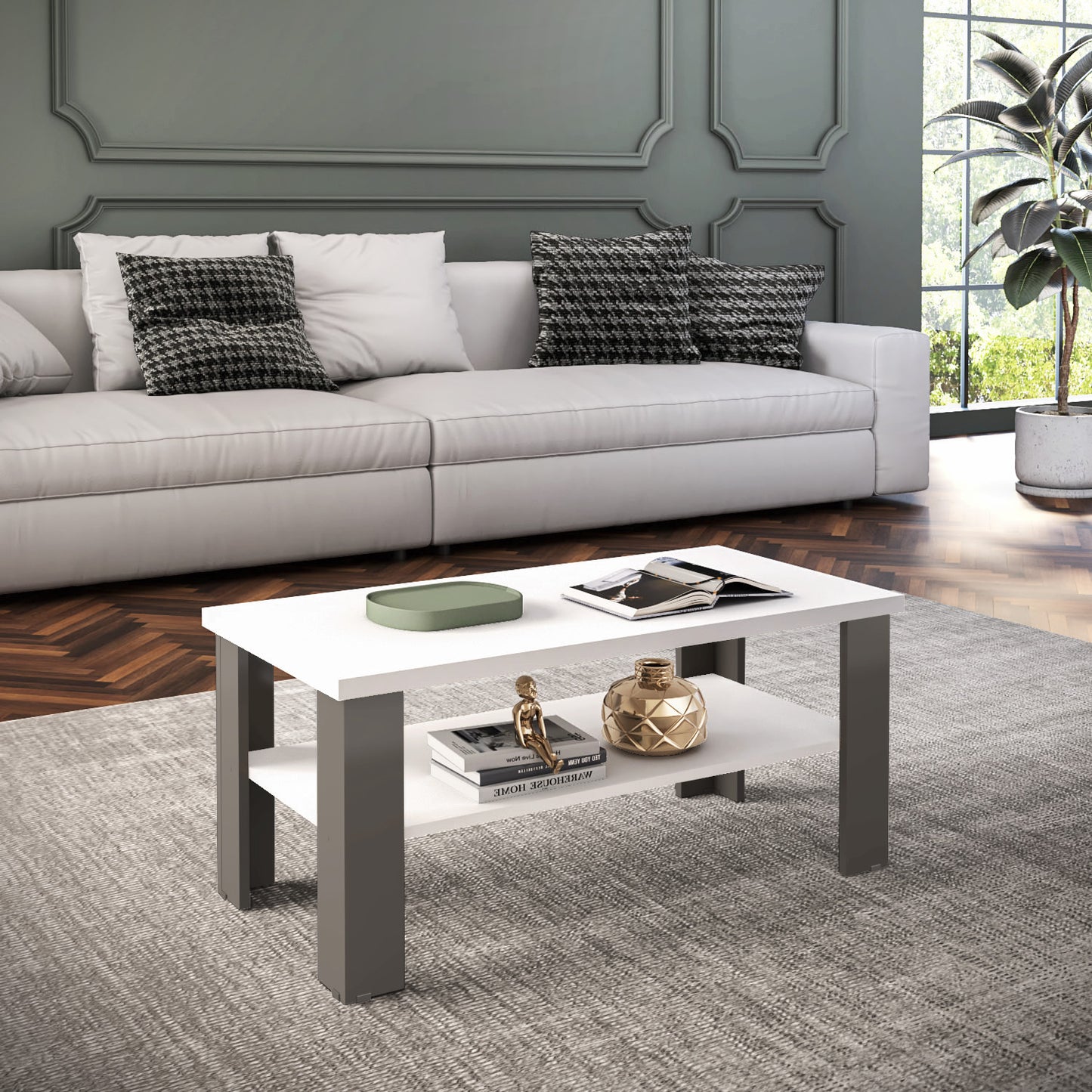 35" White Brown Rectangular Coffee Table With Shelf