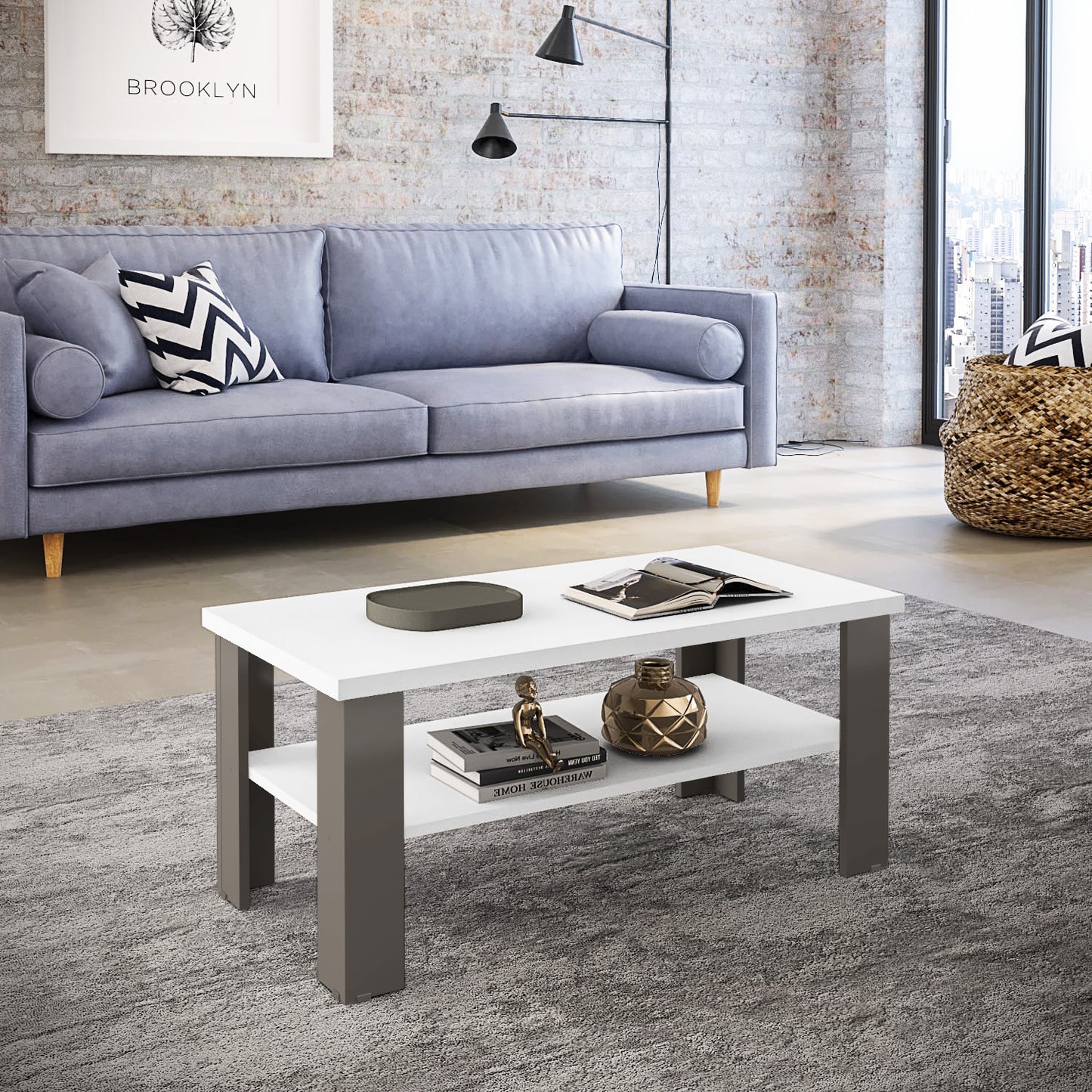 35" White Brown Rectangular Coffee Table With Shelf