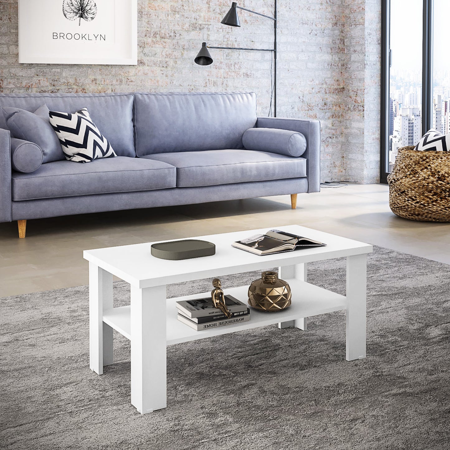 35" White Rectangular Coffee Table With Shelf