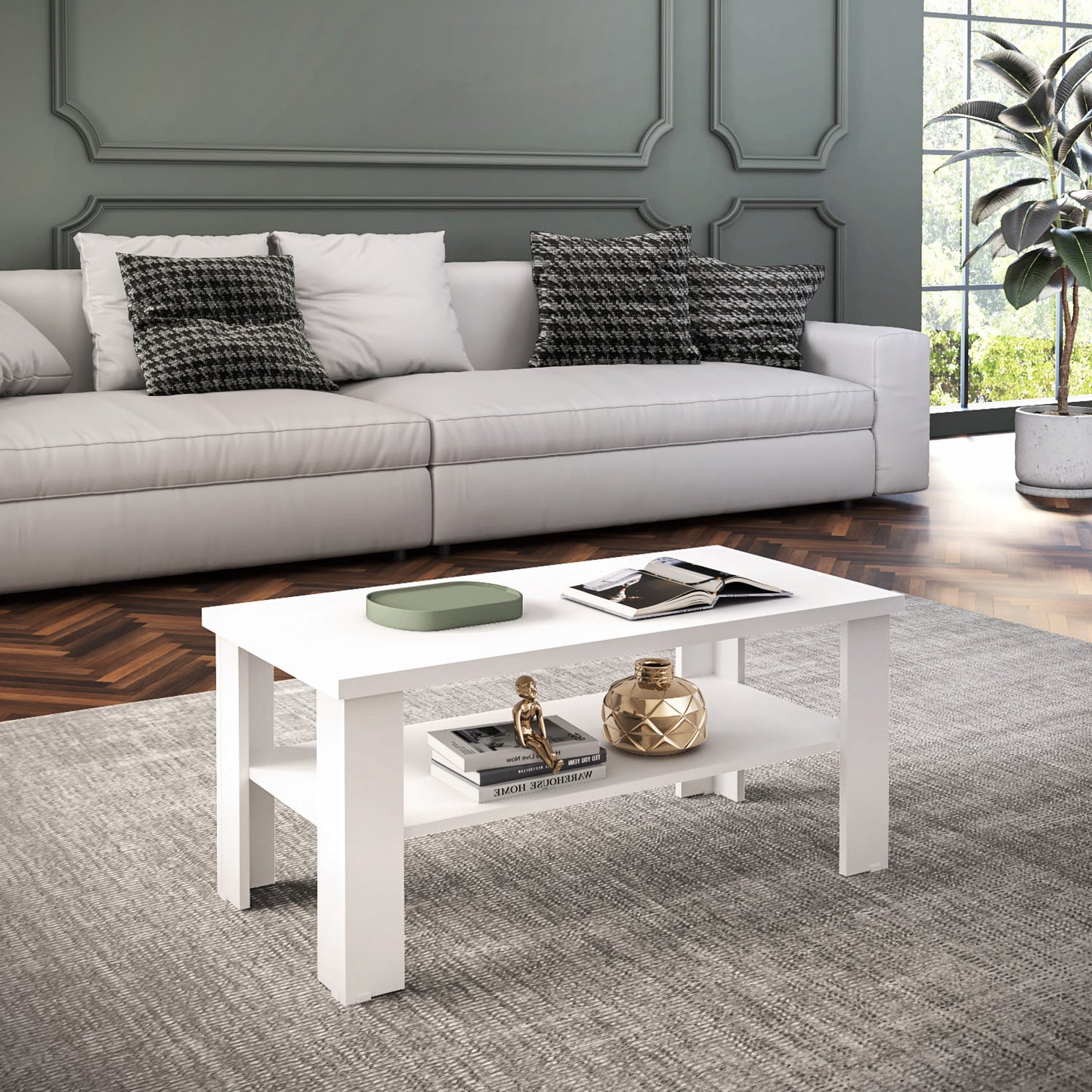 35" White Rectangular Coffee Table With Shelf