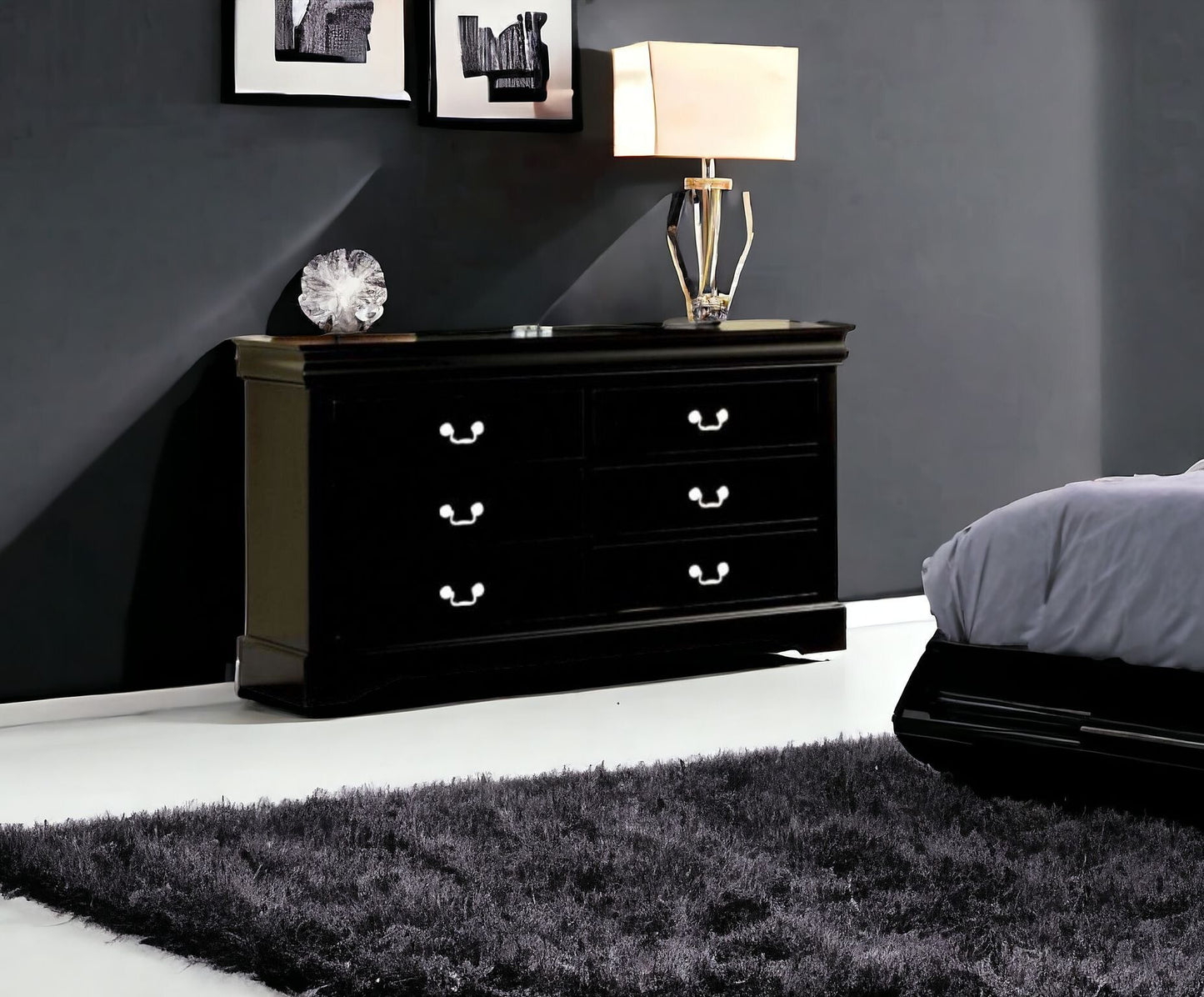 60" Black Solid and Manufactured Wood Six Drawer Double Dresser