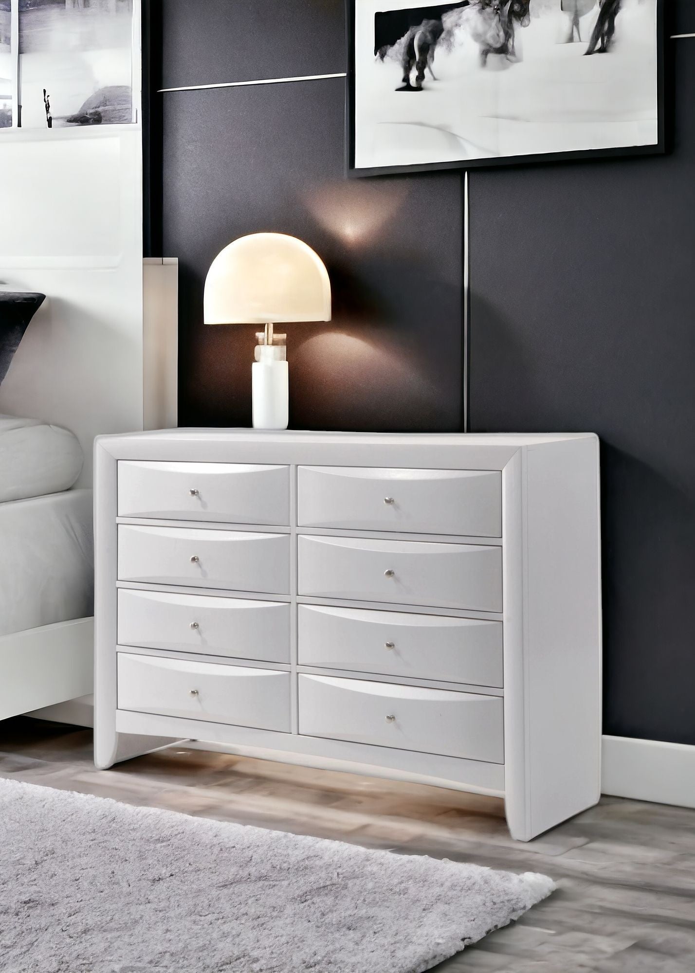 59" White Solid and Manufactured Wood Eight Drawer Double Dresser