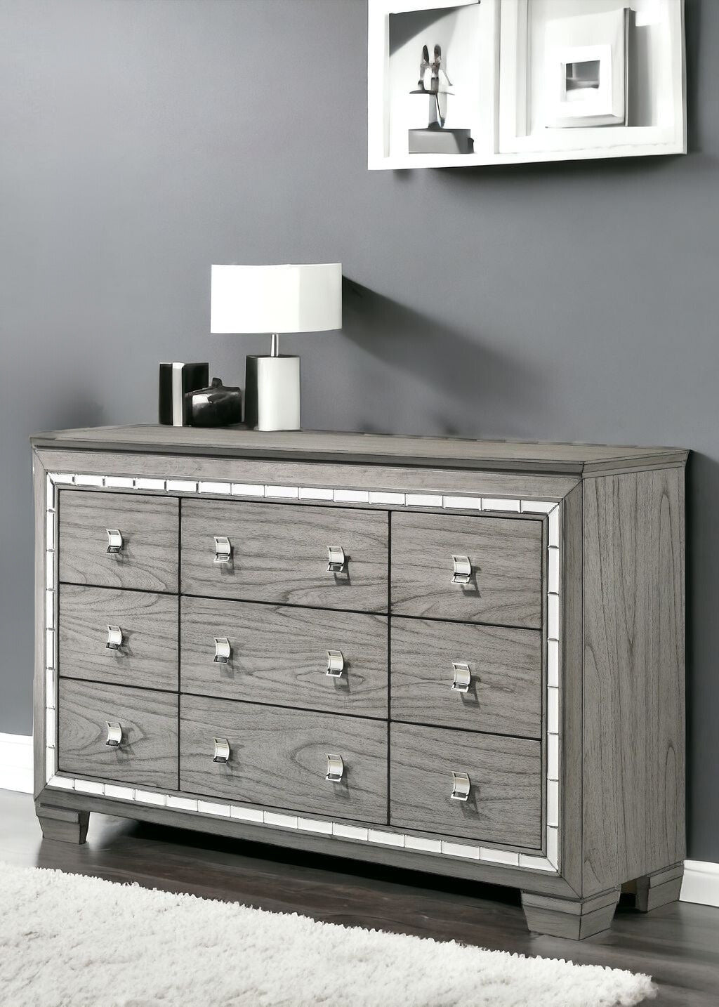 64" Light Gray Solid and Manufactured Wood Nine Drawer Triple Dresser