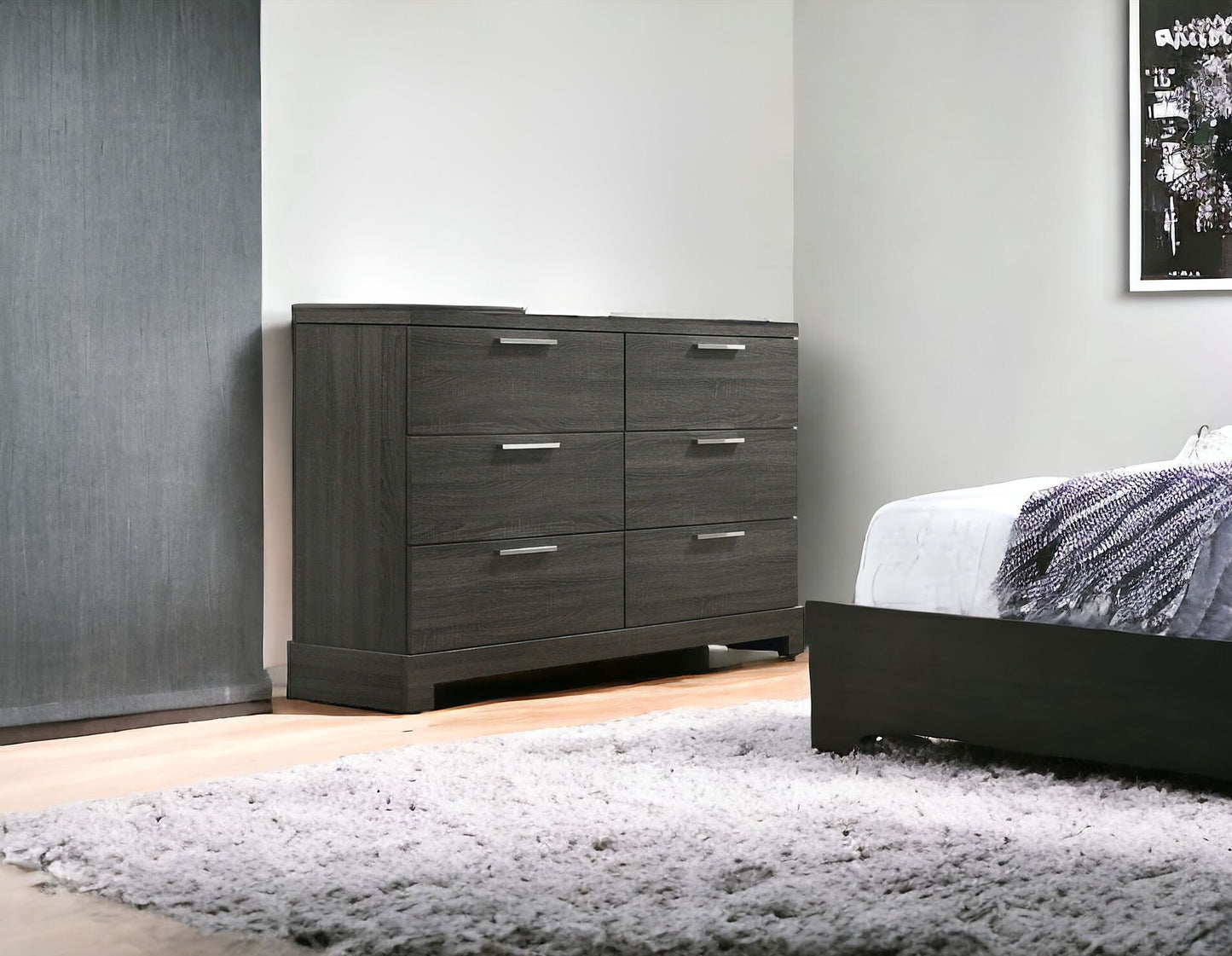 59" Gray Solid and Manufactured Wood Six Drawer Double Dresser