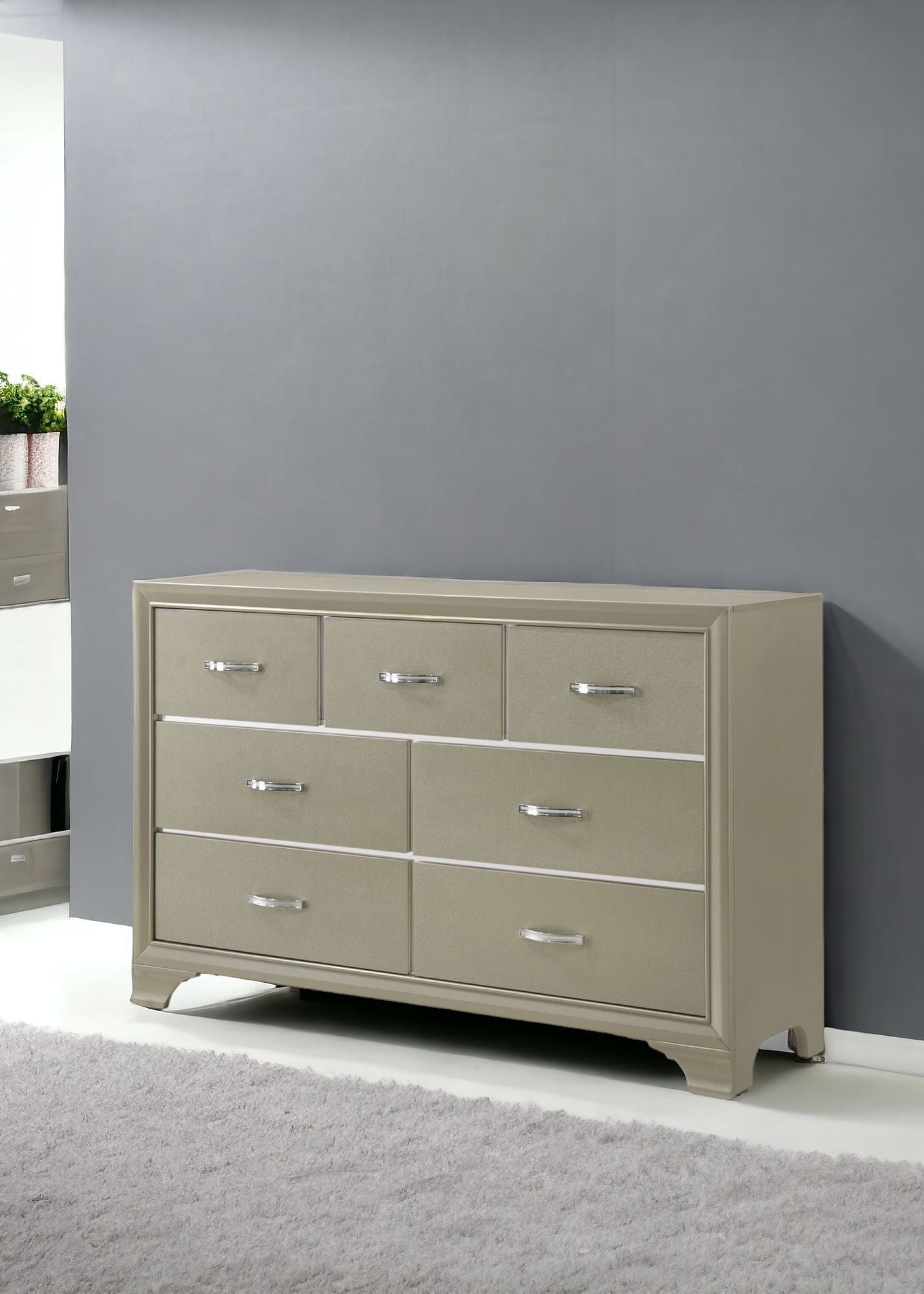 58" Champagne Solid and Manufactured Wood Seven Drawer Triple Dresser