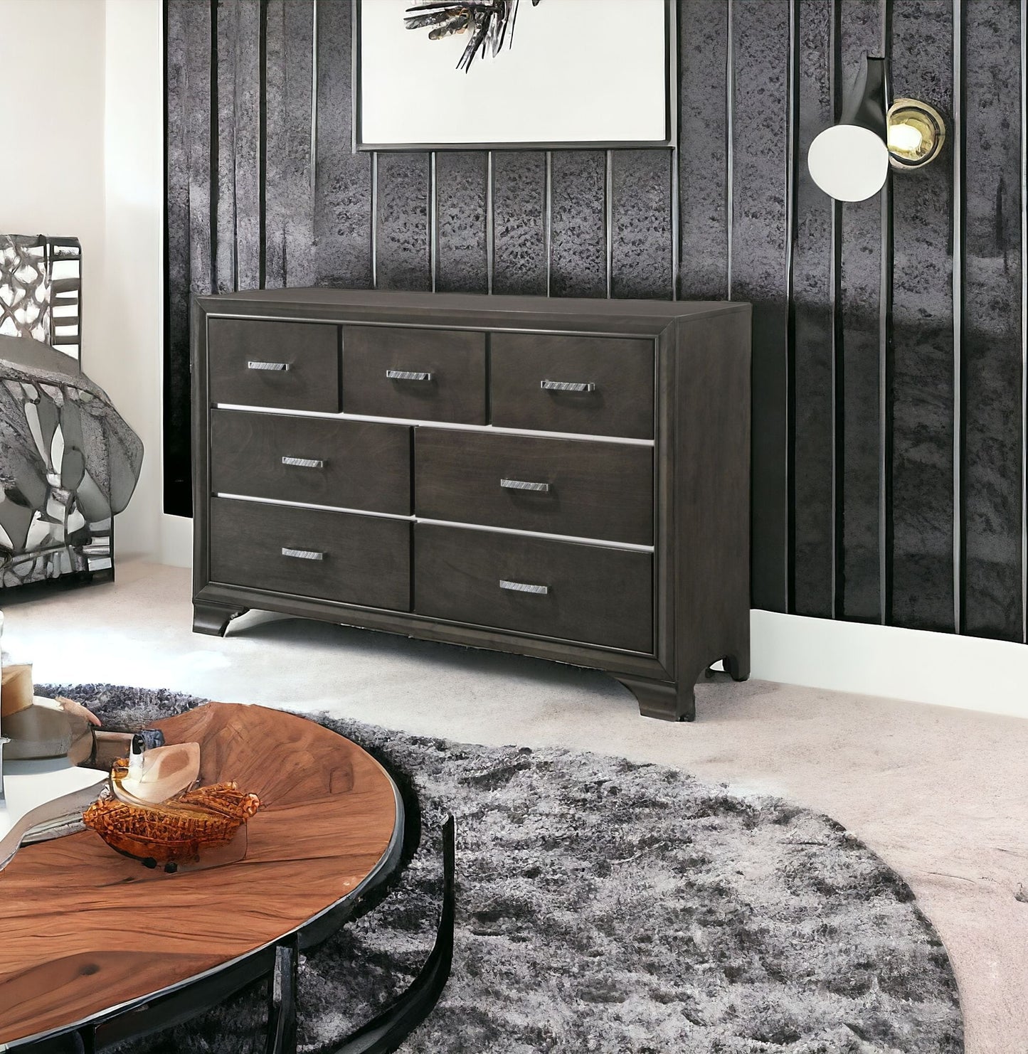 58" Gray Solid and Manufactured Wood Seven Drawer Triple Dresser