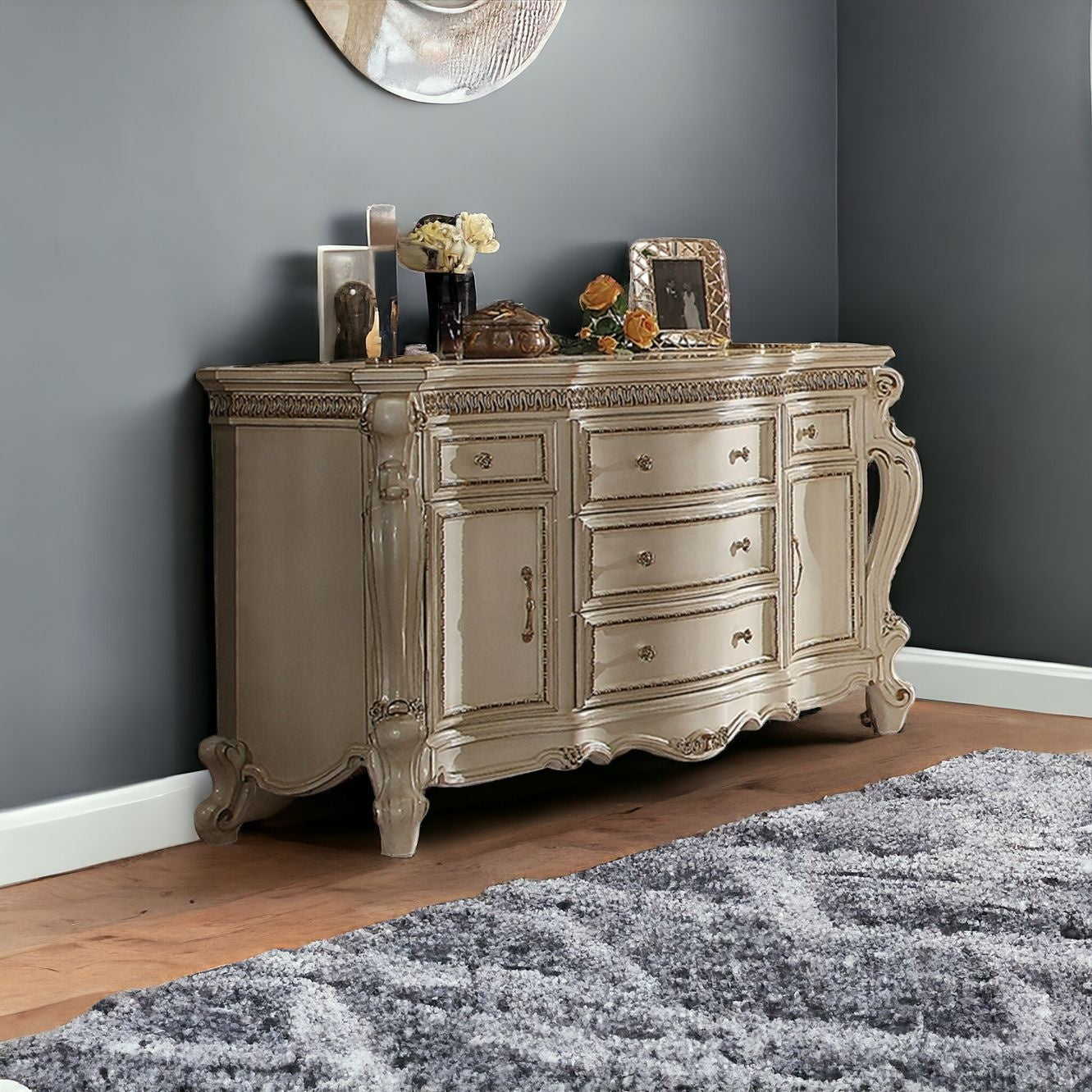 69" Pearl Solid and Manufactured Wood Five Drawer Triple Dresser