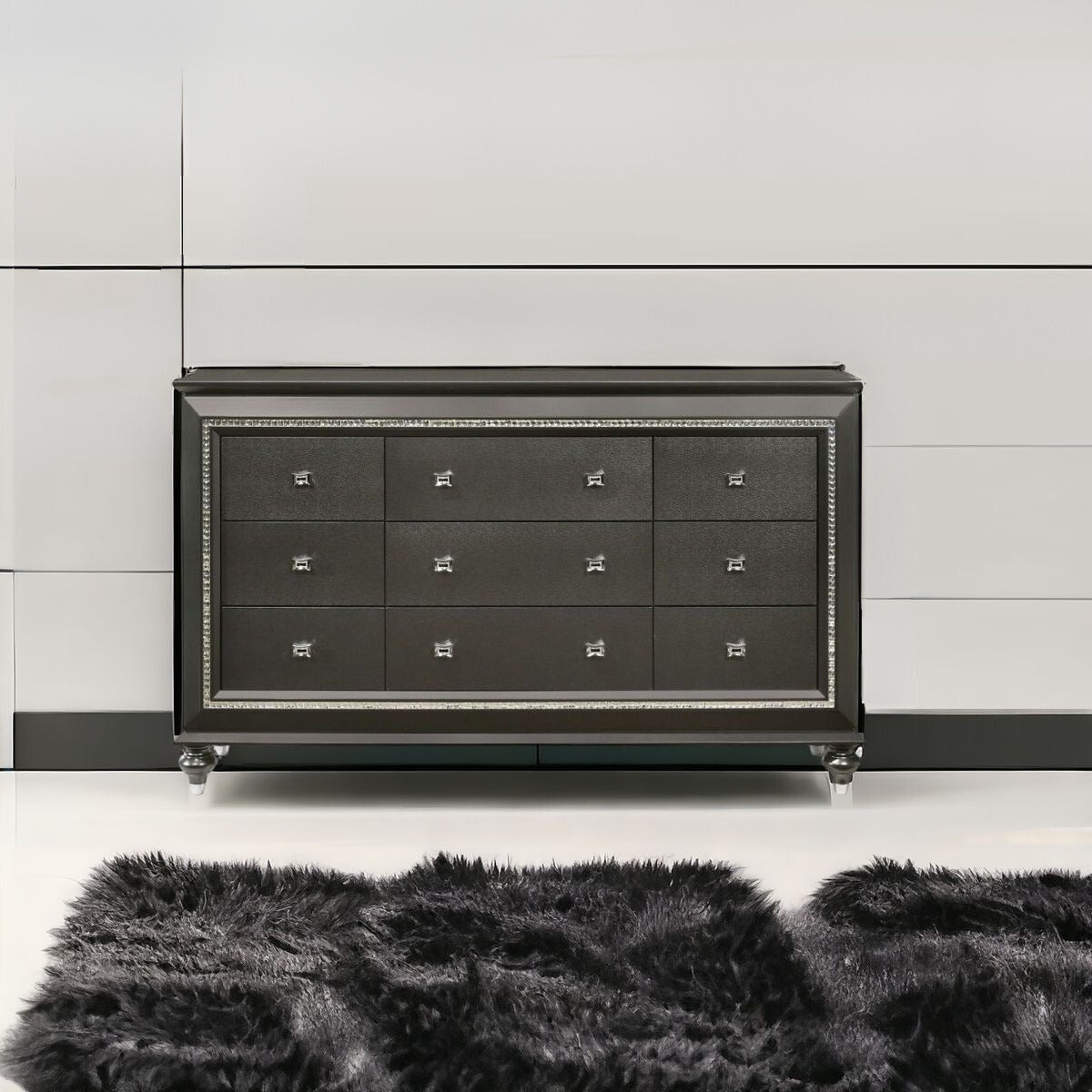 66" Gray Solid and Manufactured Wood Nine Drawer Triple Dresser