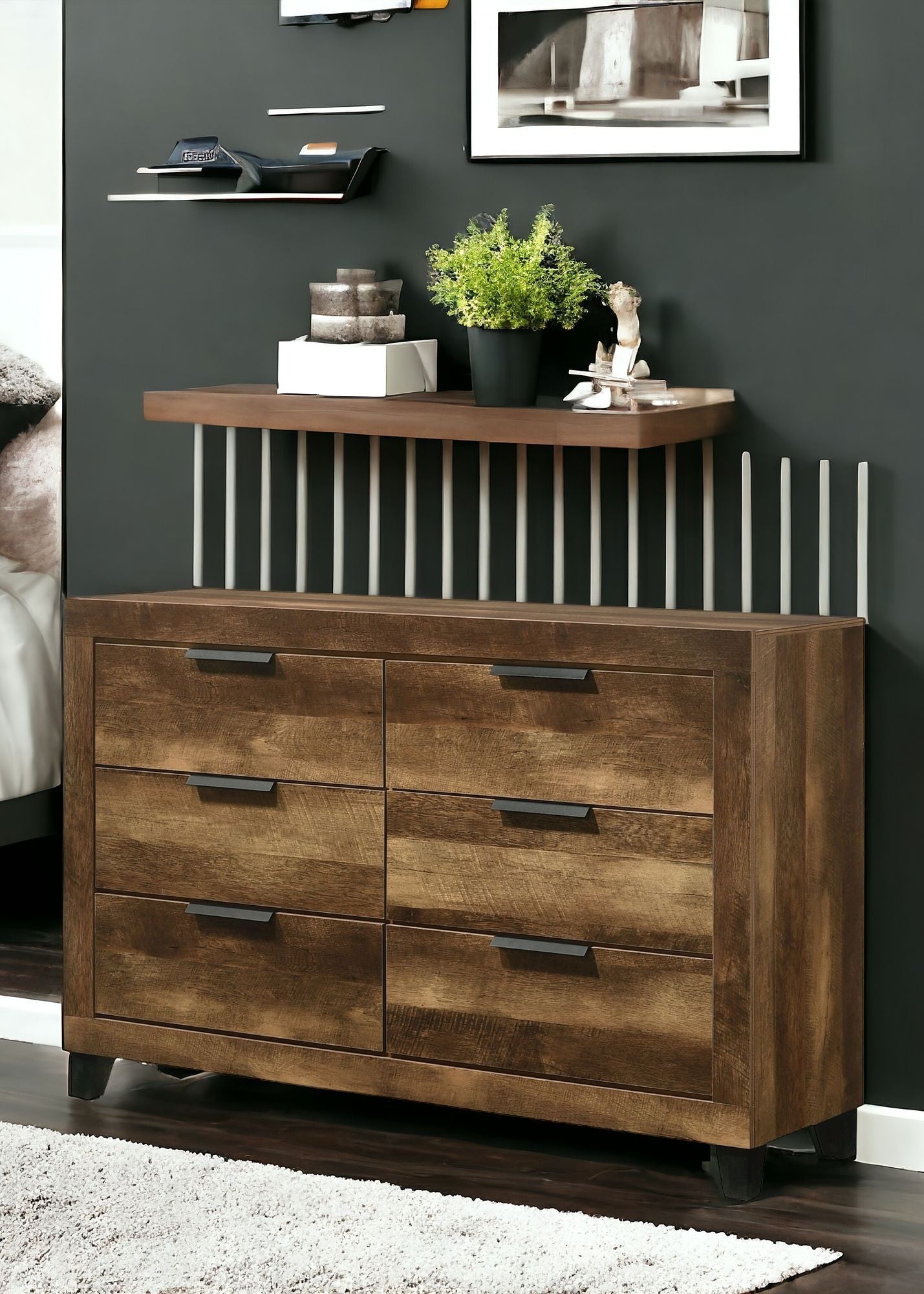 57" Dark Brown Solid and Manufactured Wood Six Drawer Double Dresser