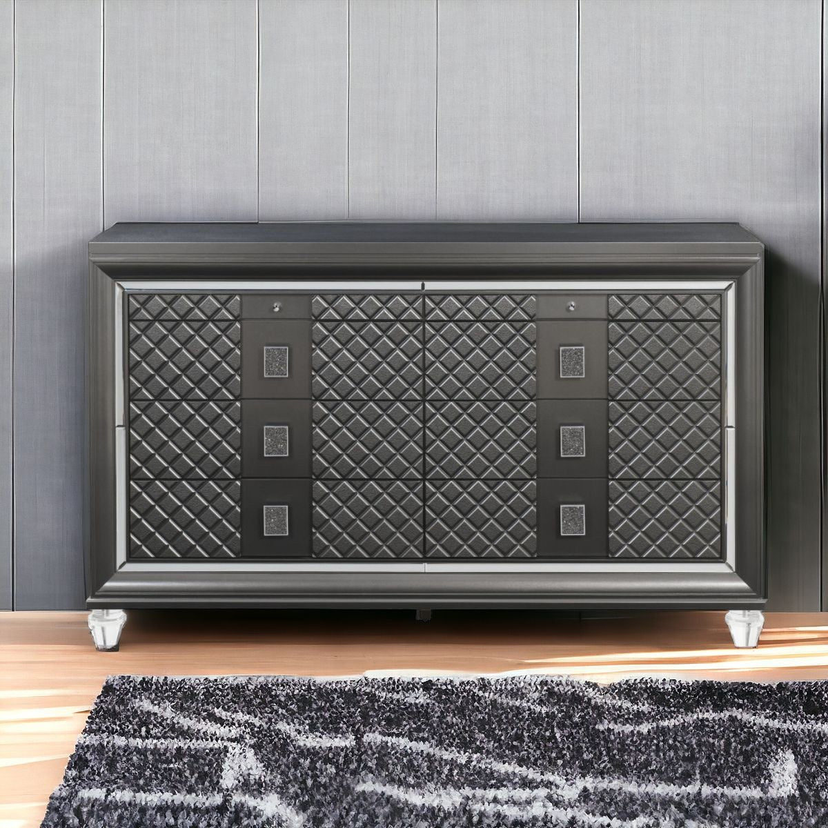 65" Gray Solid and Manufactured Wood Eight Drawer Double Dresser