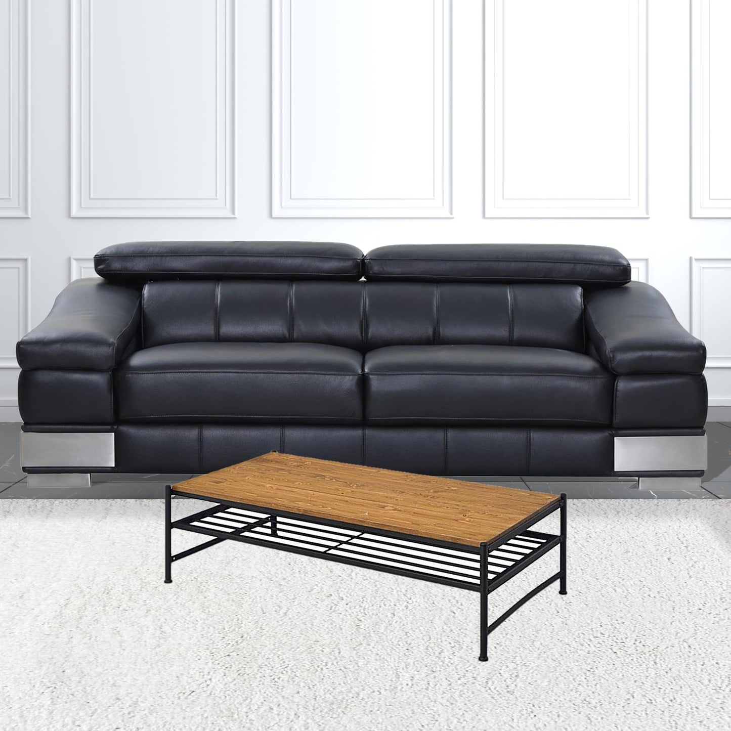 47" Black And Oak Solid Wood Rectangular Coffee Table With Shelf