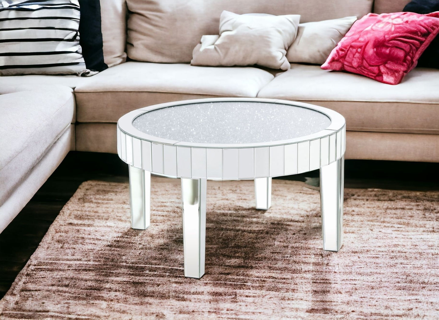 32" Clear And Silver Glass Round Mirrored Coffee Table