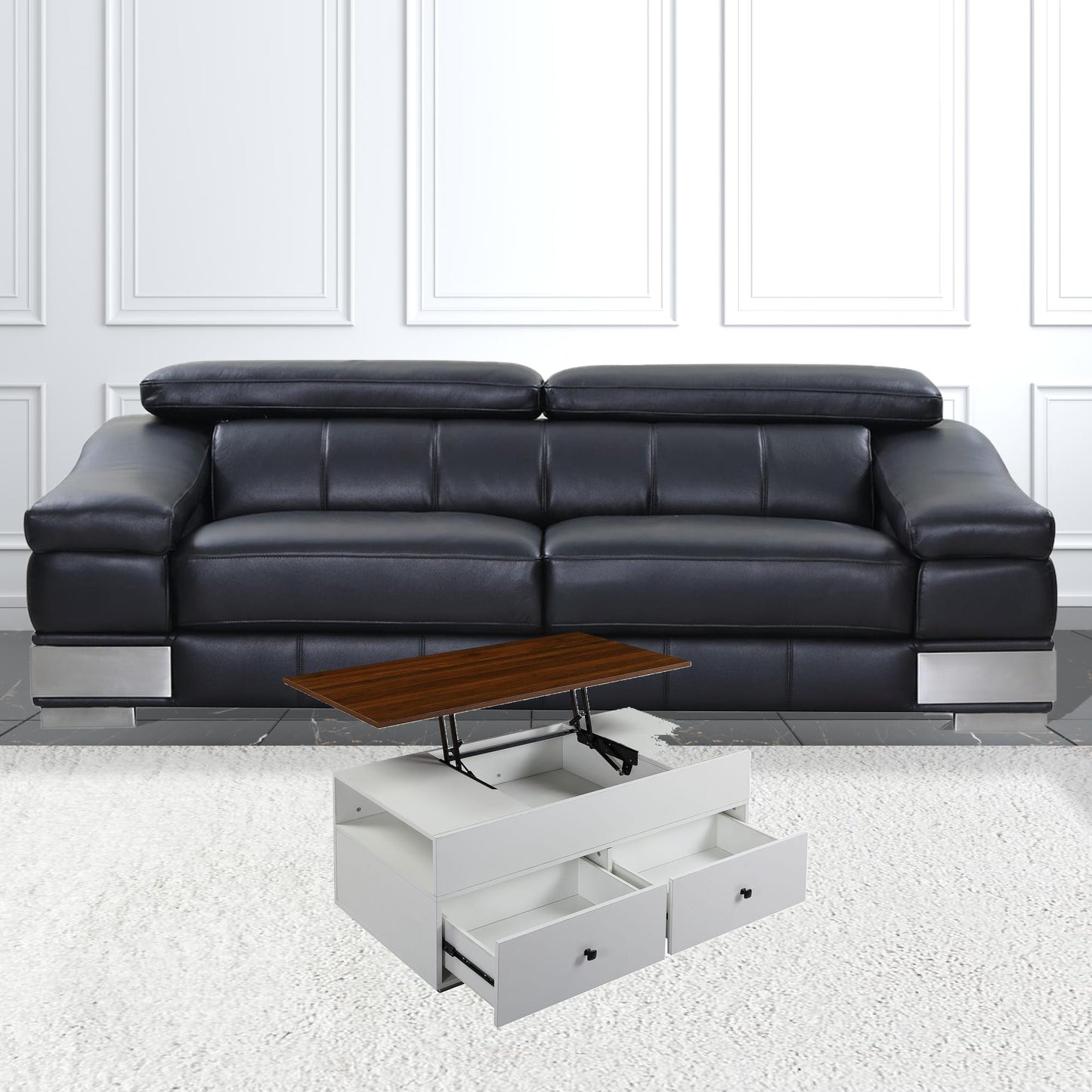 46" White And Walnut Melamine Veneer And Manufactured Wood Rectangular Lift Top Coffee Table With Two Drawers And Shelf