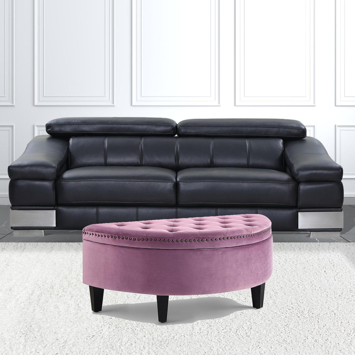 44" Blush Velvet And Black Tufted Half Circle Storage