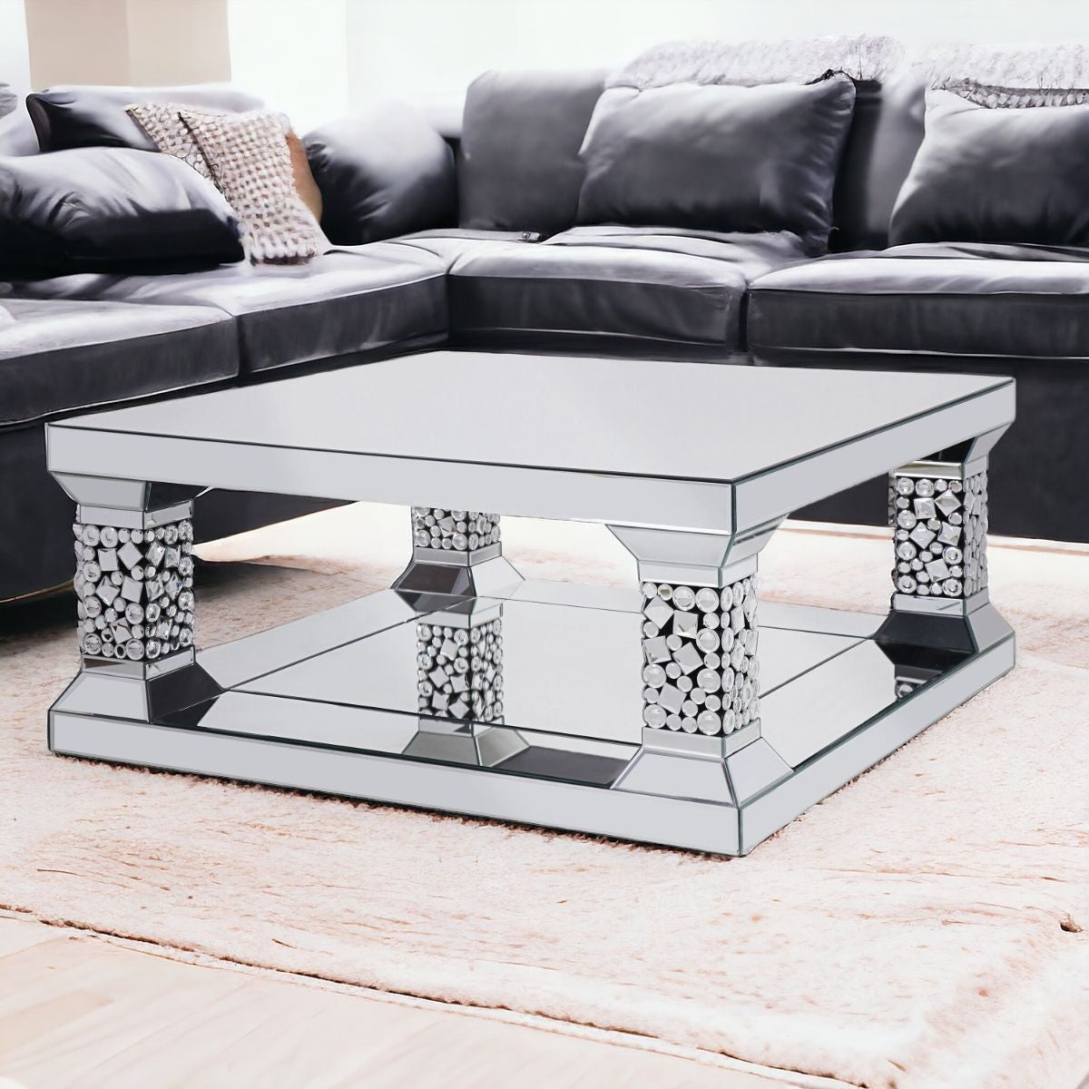 40" Silver Glass Square Mirrored Coffee Table With Shelf