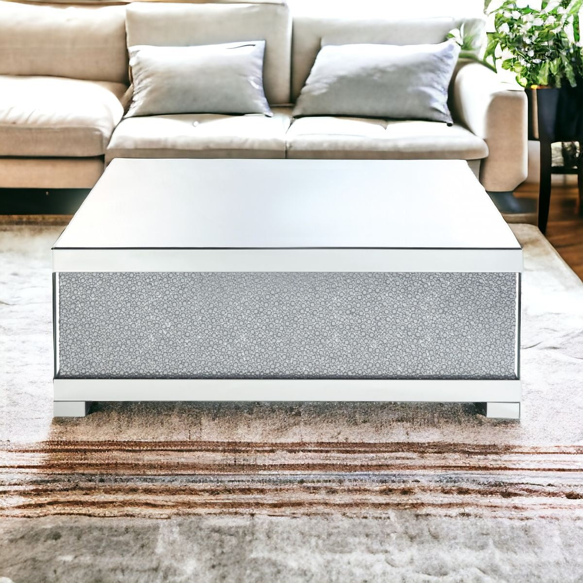 47" Silver Glass Mirrored Coffee Table
