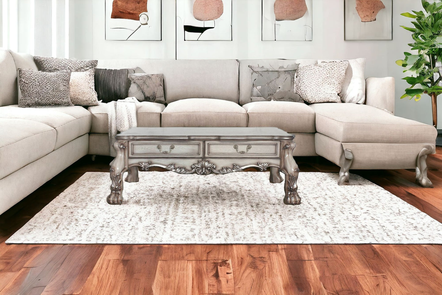 57" Bone Solid And Manufactured Wood Coffee Table With Two Drawers