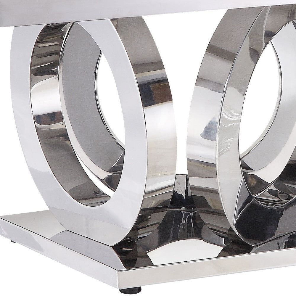 51" Mirrored Silver And Gray Printed Faux Marble Artificial Marble And Stainless Steel Rectangular Mirrored Coffee Table