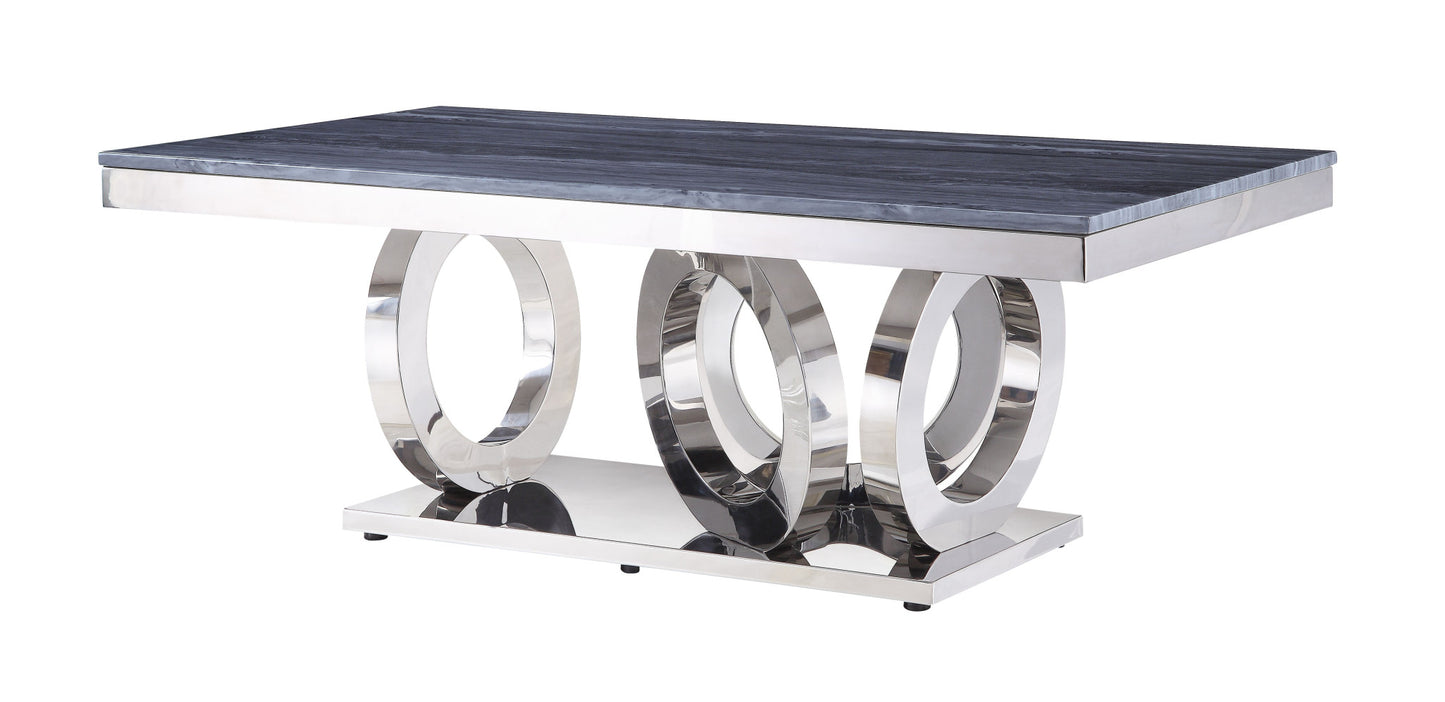 51" Mirrored Silver And Gray Printed Faux Marble Artificial Marble And Stainless Steel Rectangular Mirrored Coffee Table