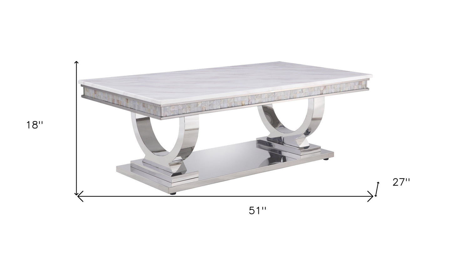 51" Silver And White Artificial Marble Rectangular Mirrored Coffee Table