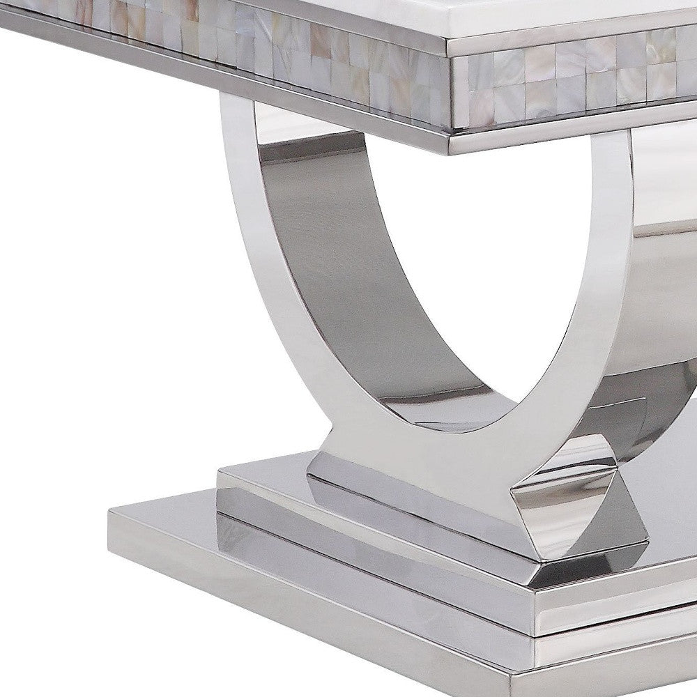 51" Silver And White Artificial Marble Rectangular Mirrored Coffee Table