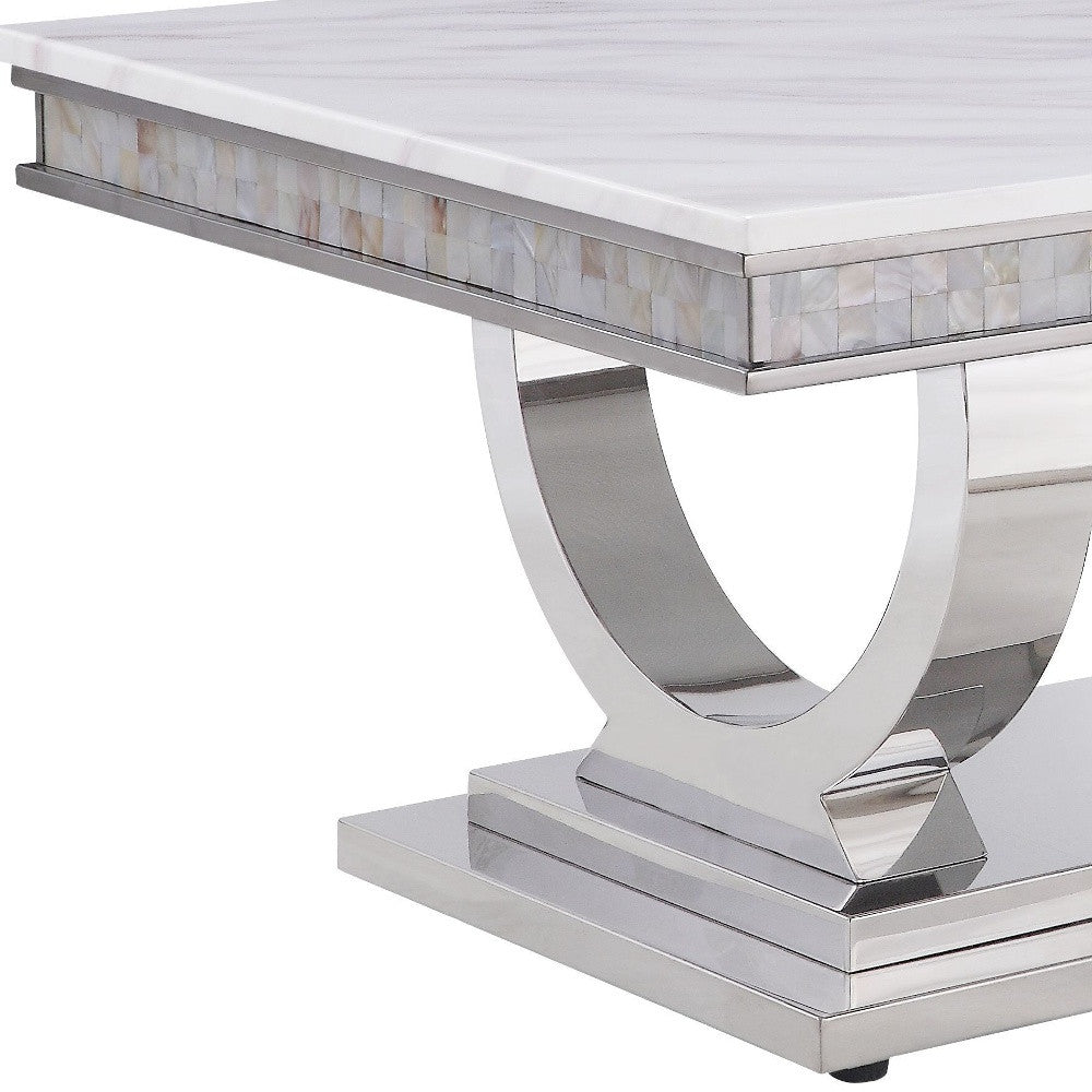 51" Silver And White Artificial Marble Rectangular Mirrored Coffee Table