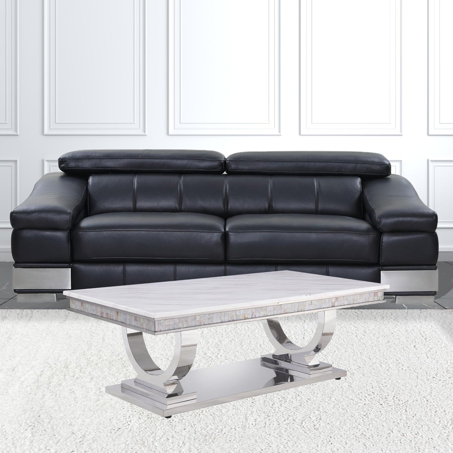 51" Silver And White Artificial Marble Rectangular Mirrored Coffee Table