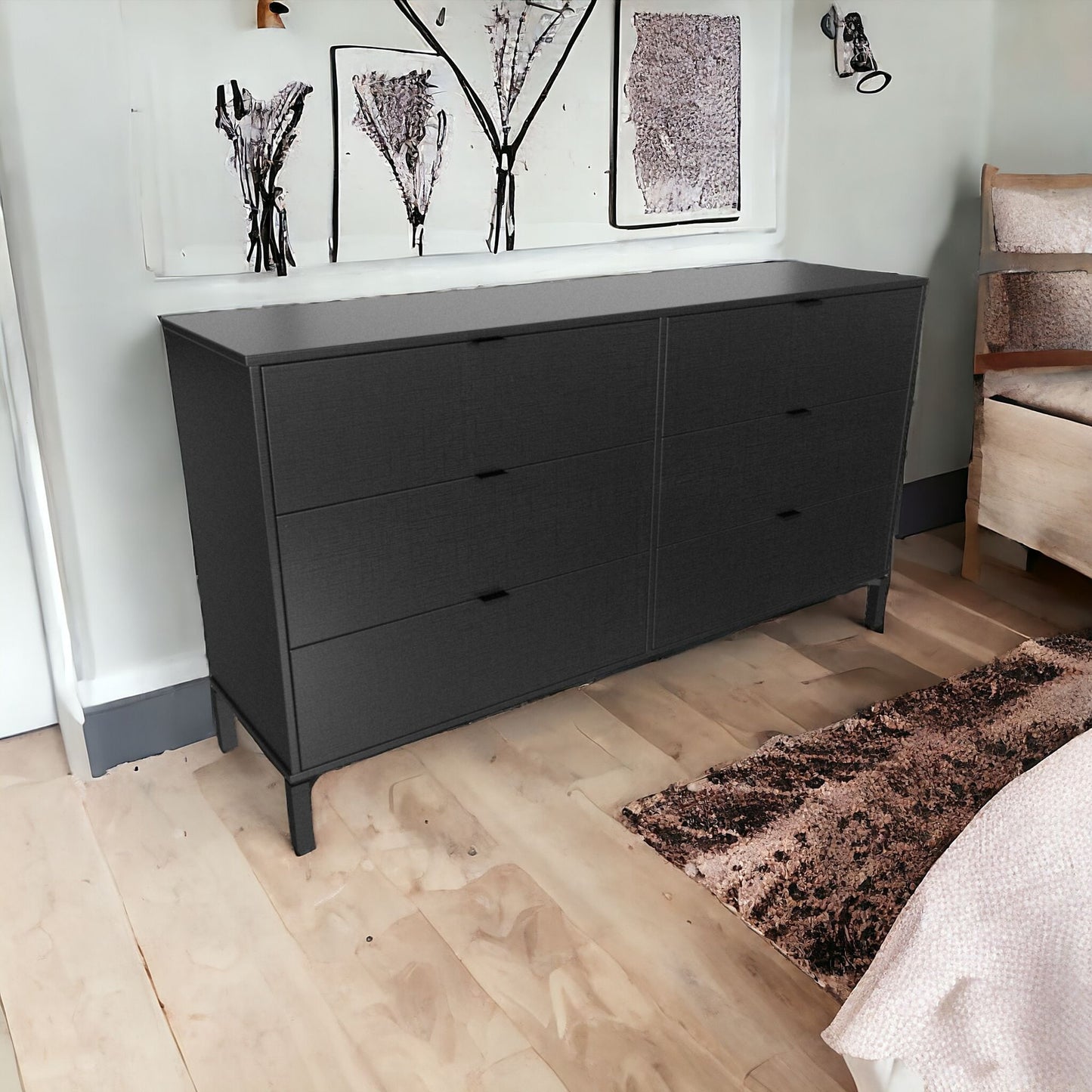 59" Black Charcoal Six Drawer Double Dresser