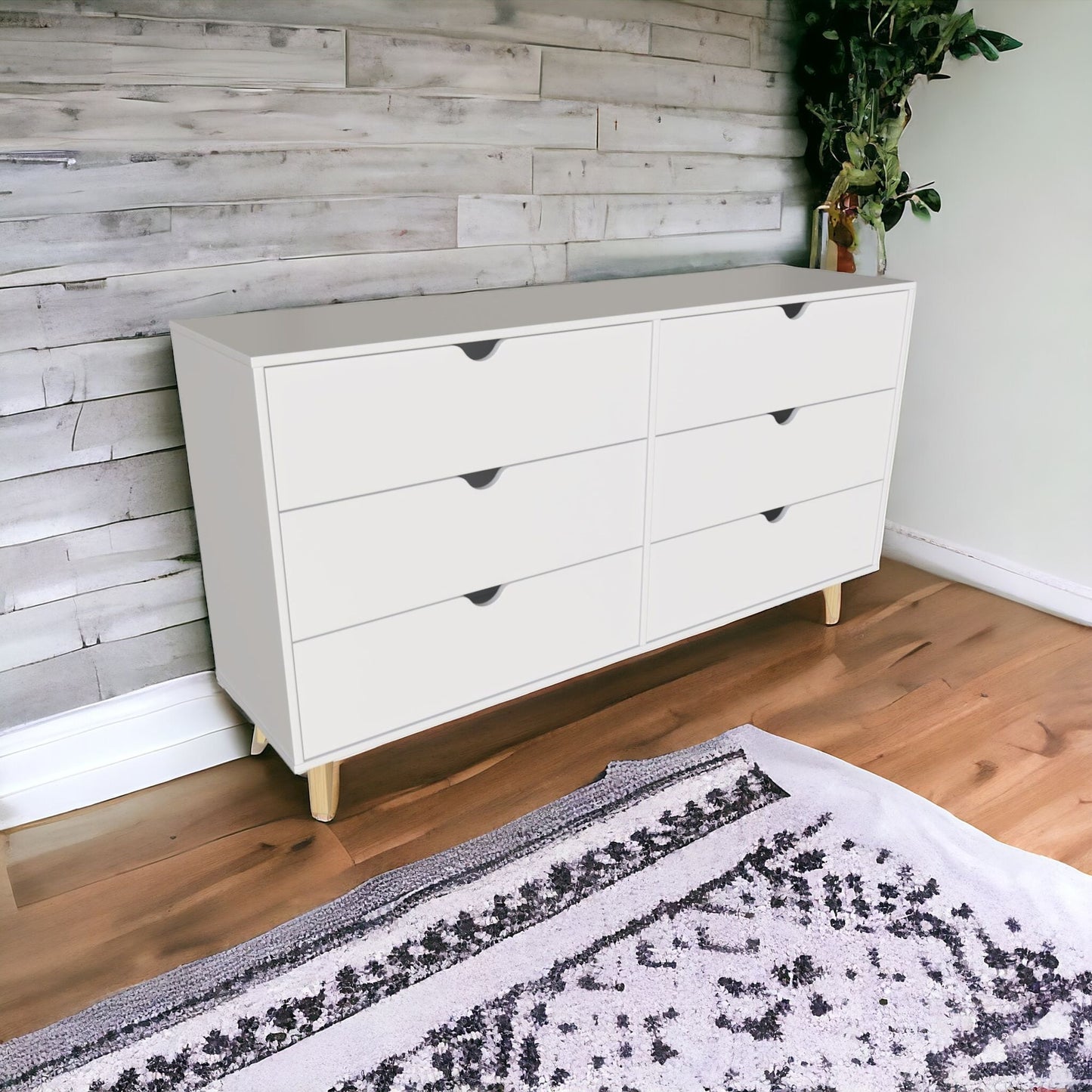 59" White Scoop Handle Six Drawer Double Dresser