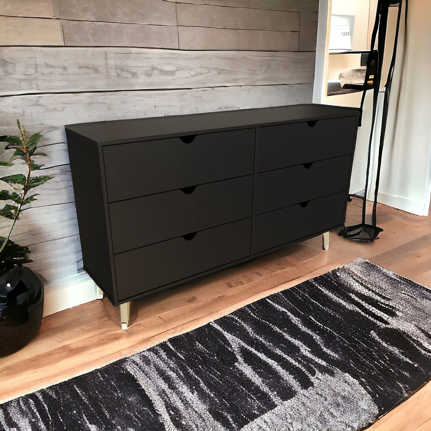 59" Black Scoop Handle Six Drawer Double Dresser