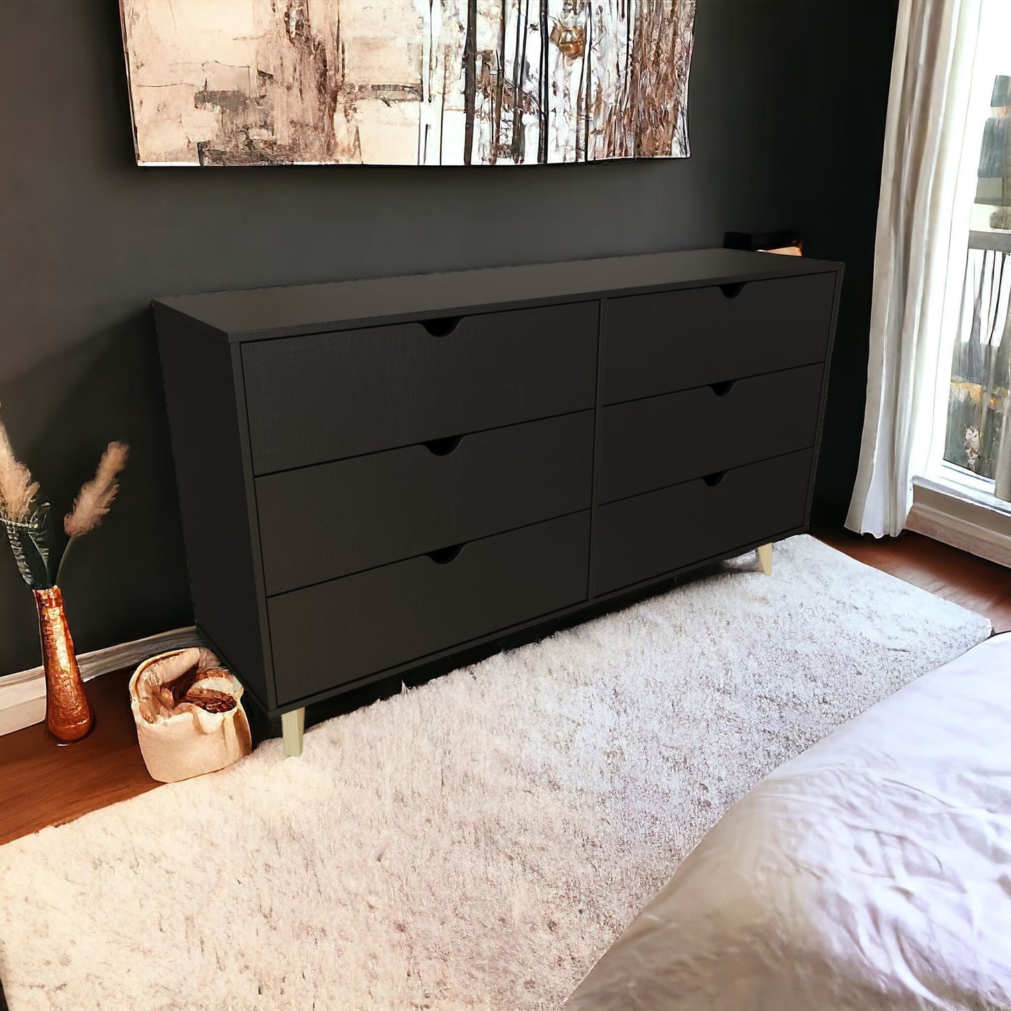 59" Black Scoop Handle Six Drawer Double Dresser