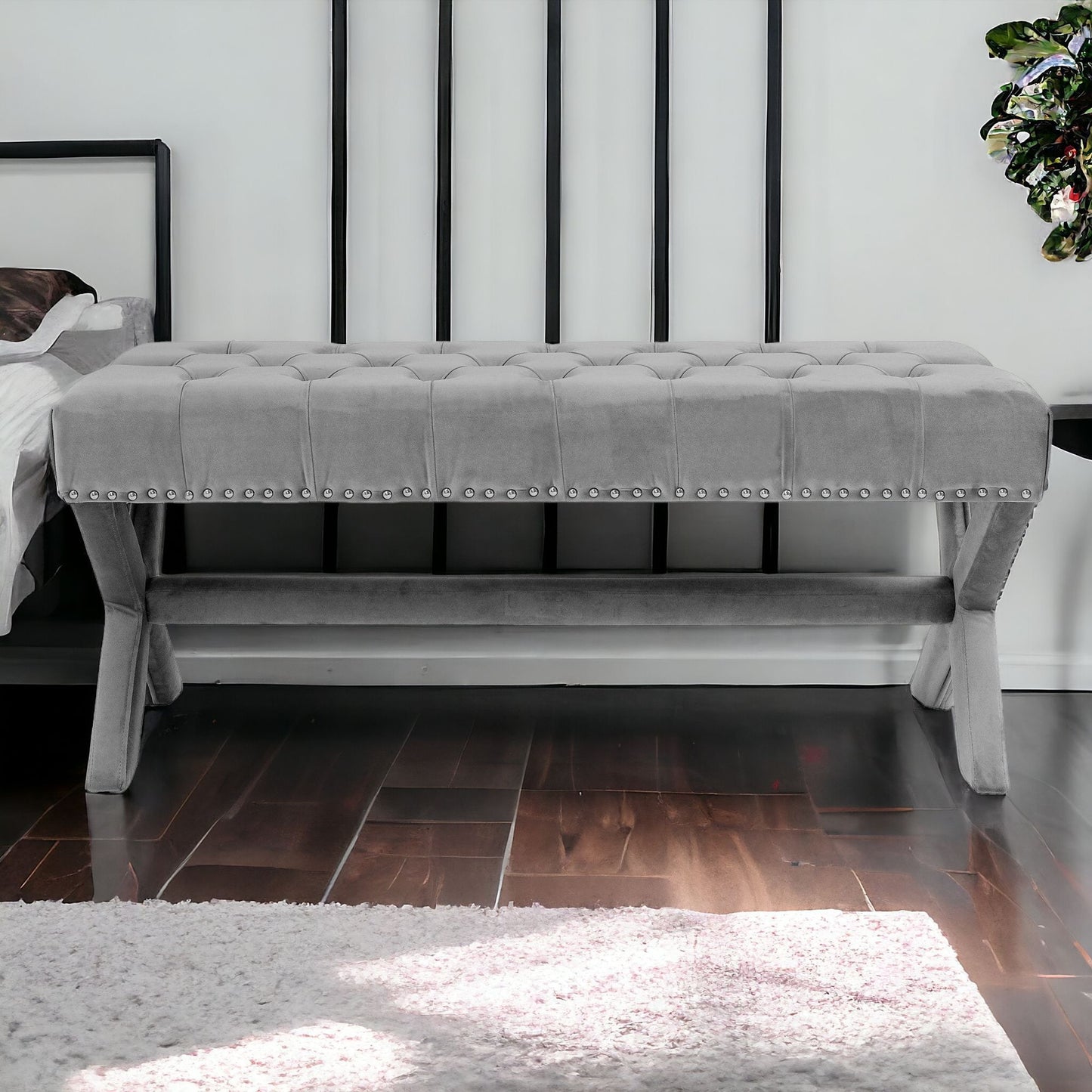 45" Light Gray Upholstered Linen Bench