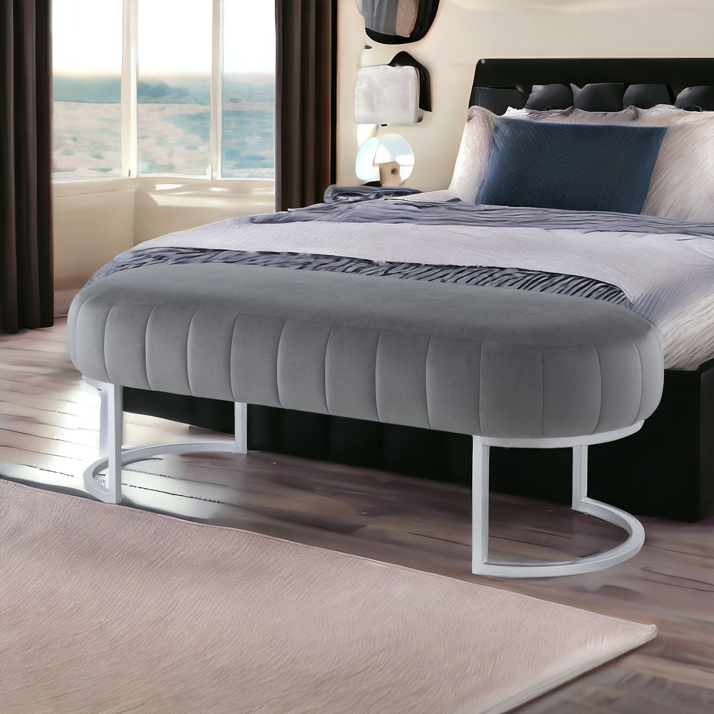 53" Blush And Gold Upholstered Velvet Bench