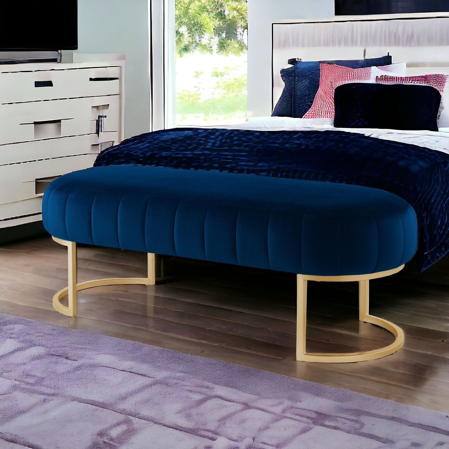 53" Blush And Gold Upholstered Velvet Bench