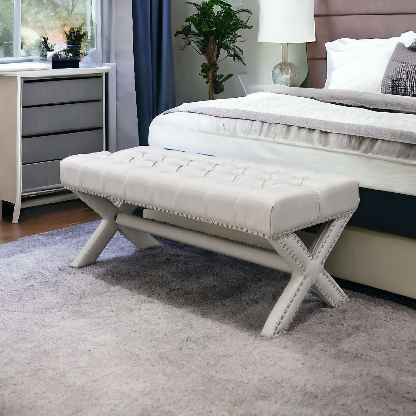 45" Light Gray Upholstered Linen Bench