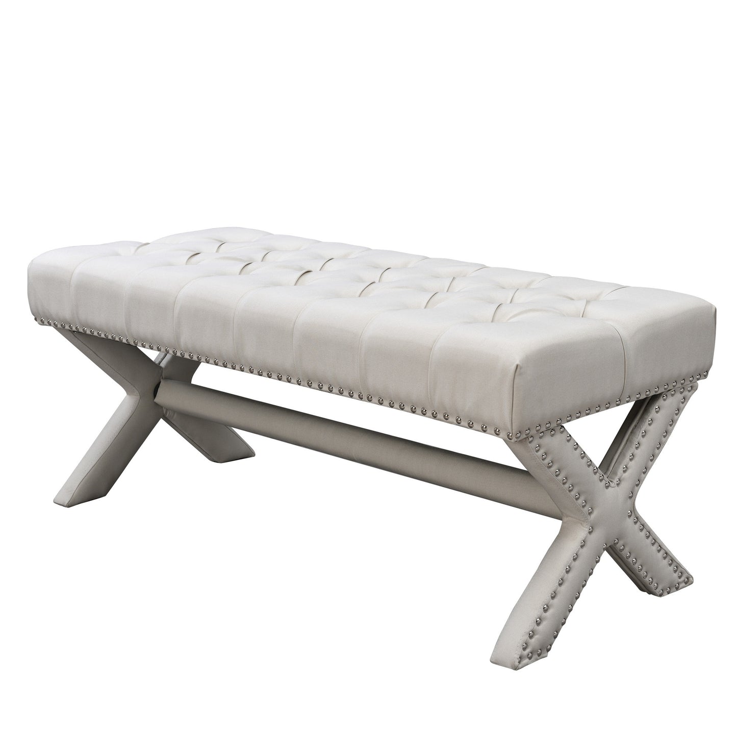 45" Light Gray Upholstered Linen Bench
