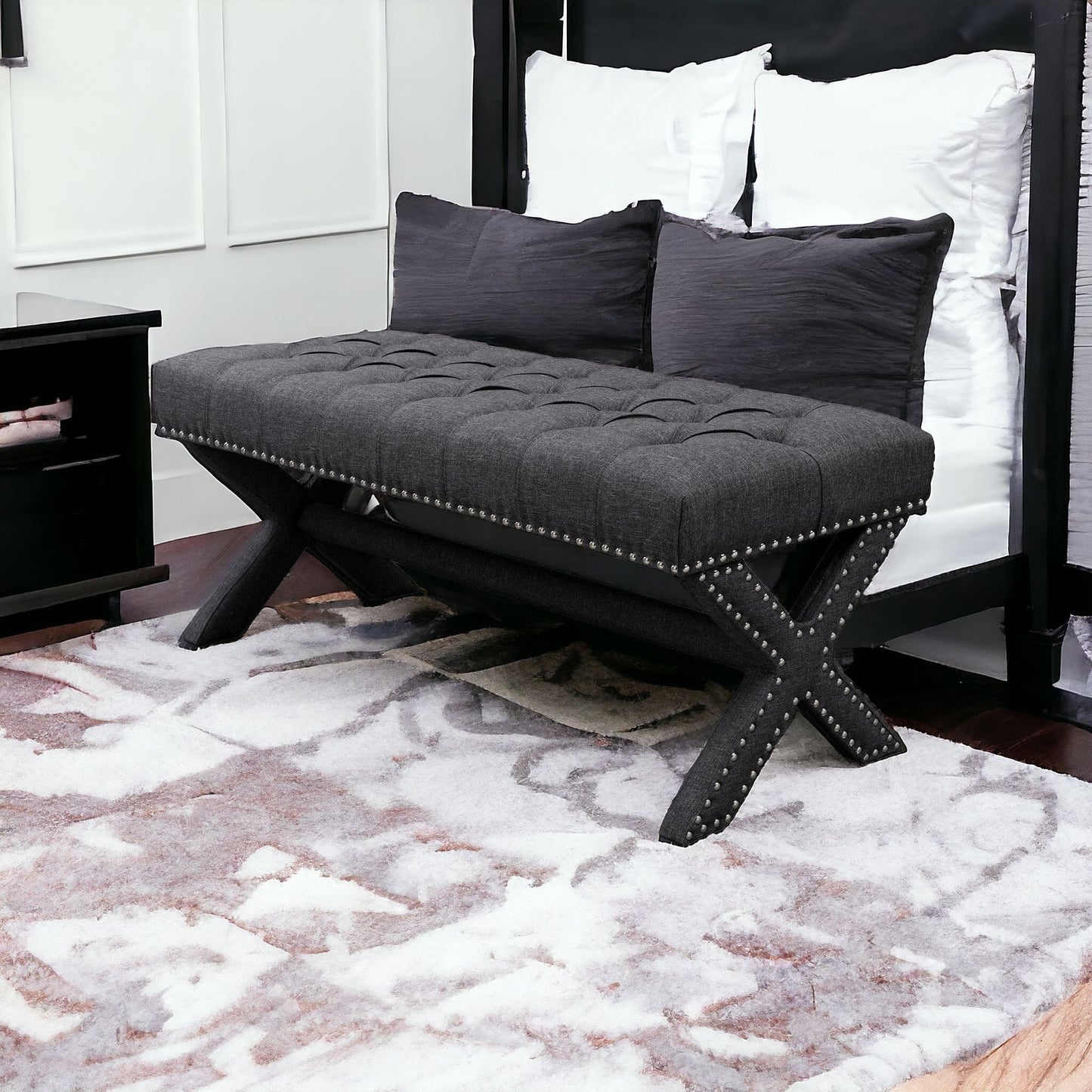 45" Light Gray Upholstered Linen Bench