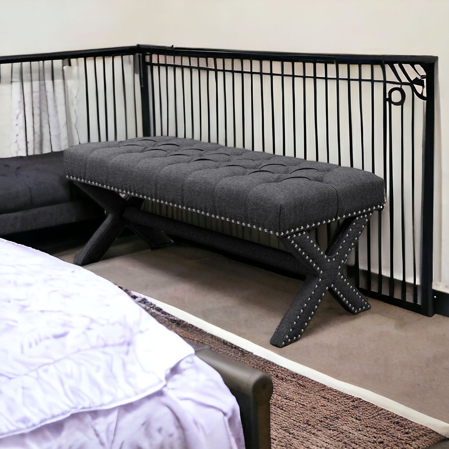 45" Light Gray Upholstered Linen Bench